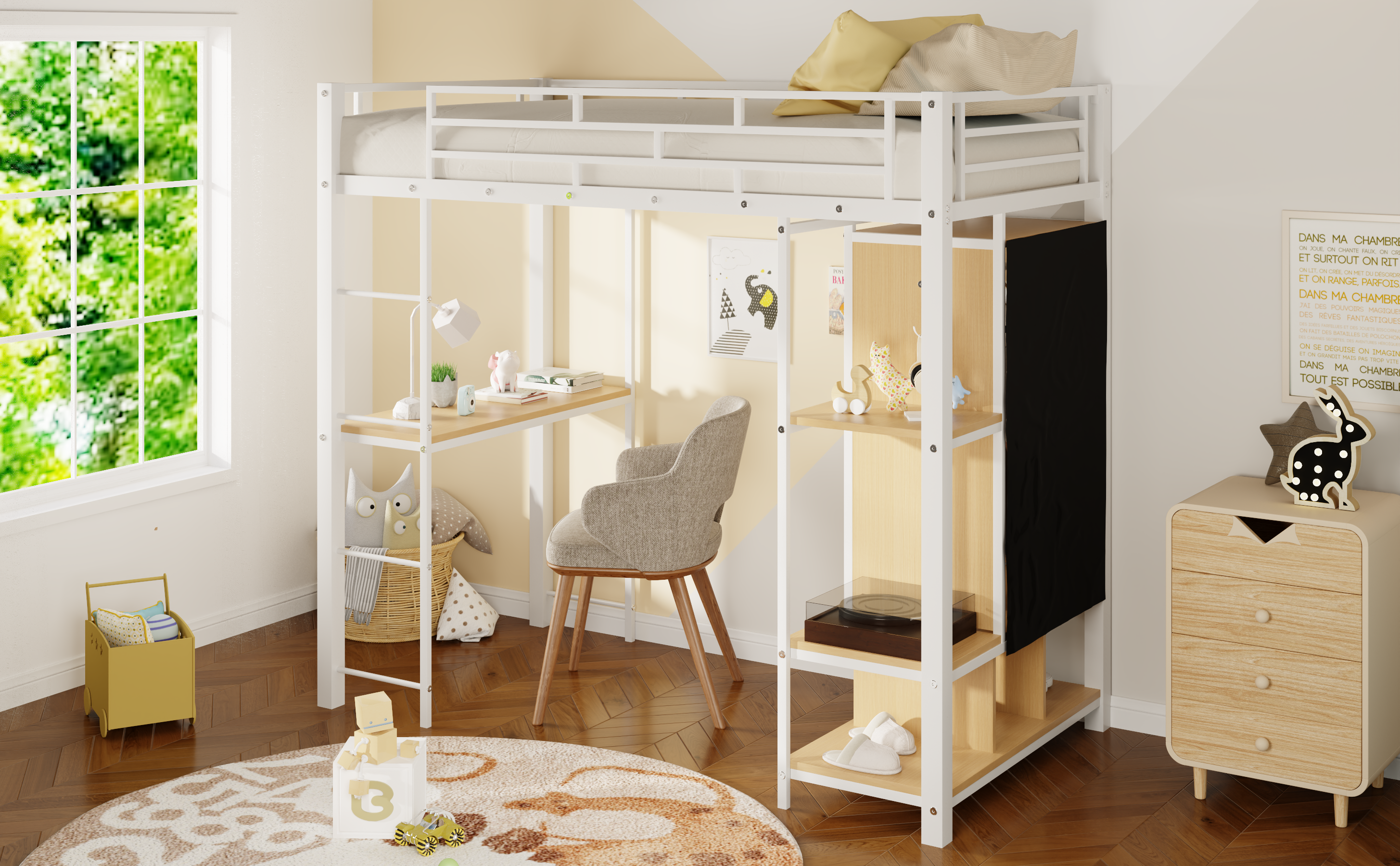 Twin Size Metal Loft Bed with Built-in Wardrobe, Desk and Shelves, Black (Expected Arrival Time: 9.3)