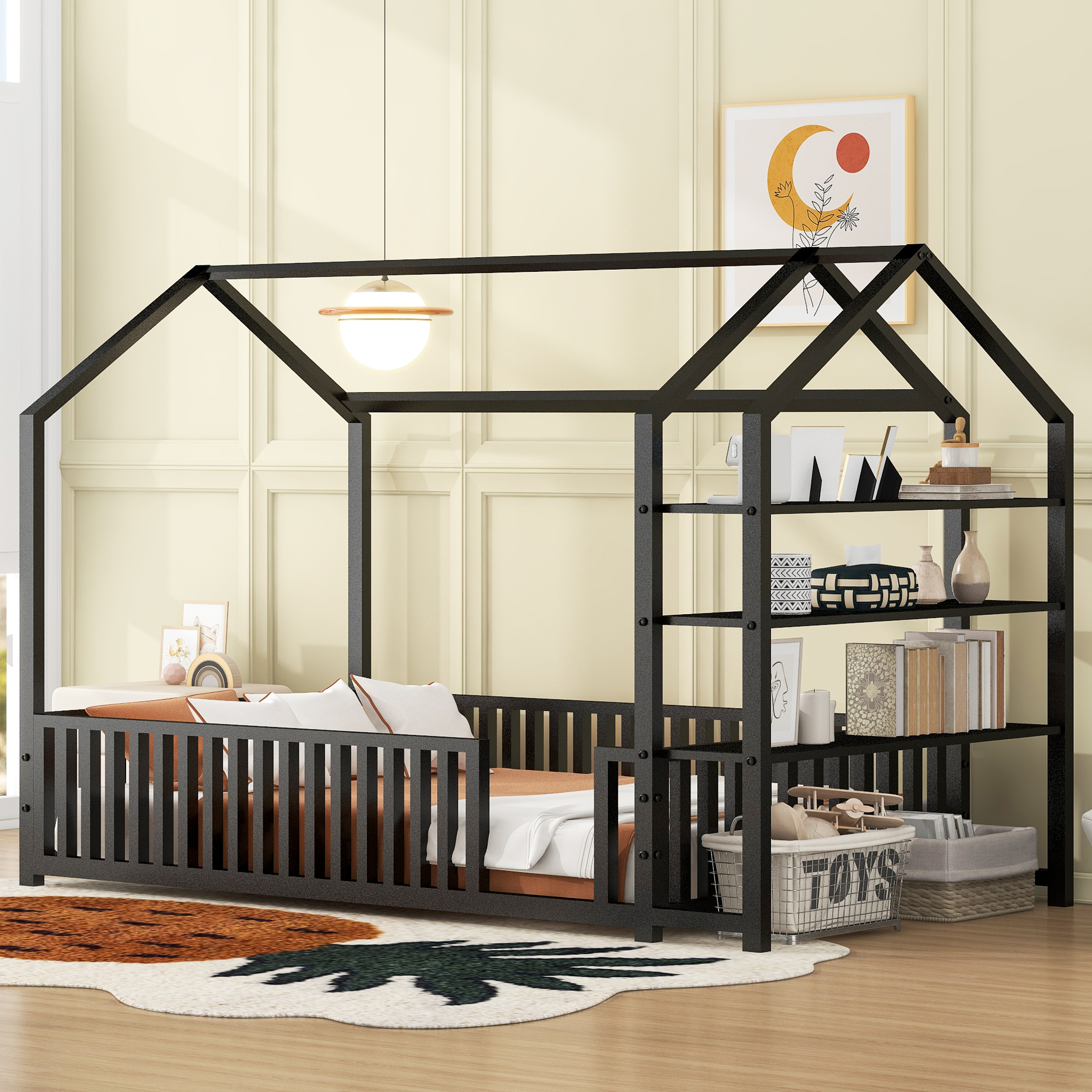 Twin Size Metal House Bed with Fence and Detachable Storage Shelves, Black