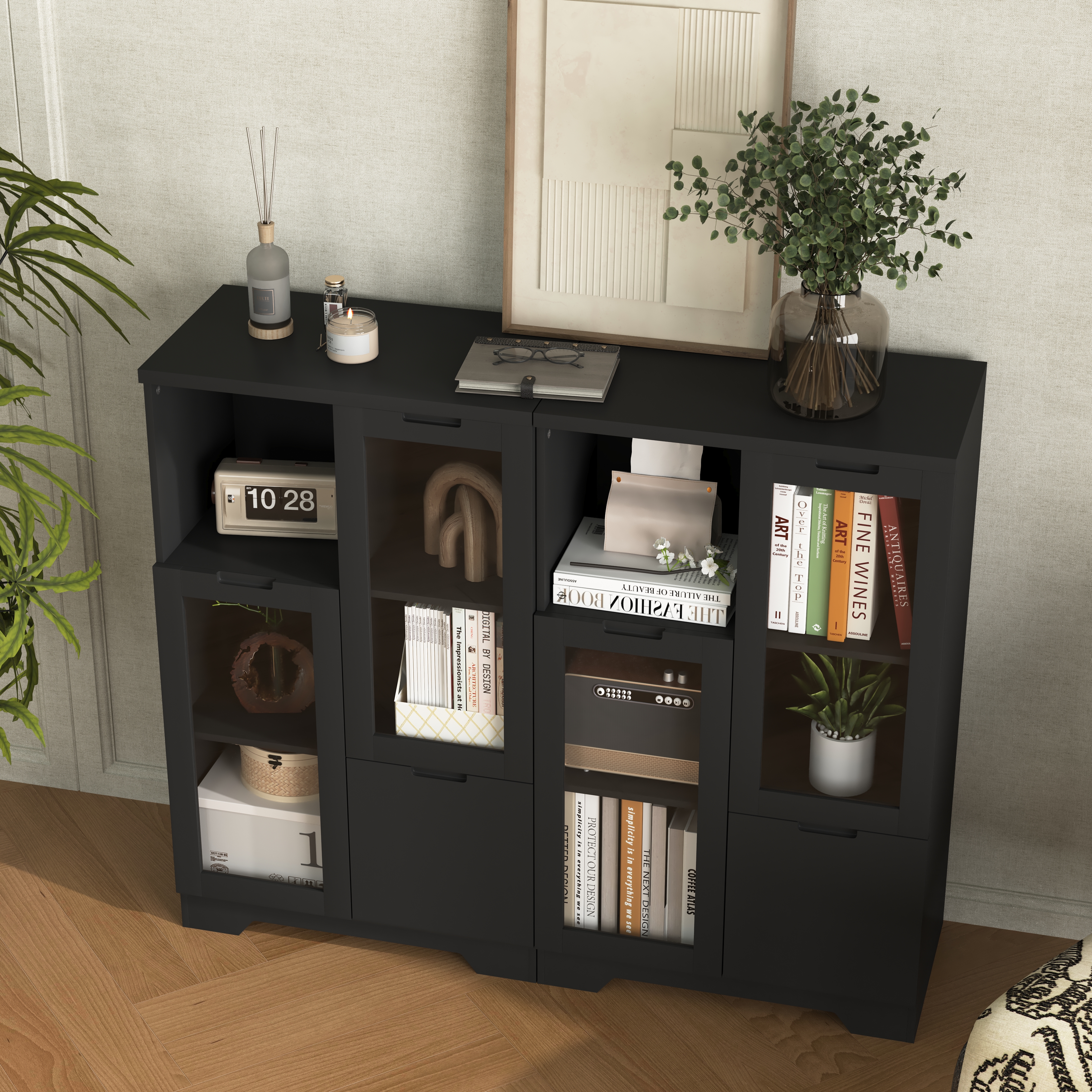 Wooden Floor Cabinet with 2 Glass Doors and 2 Storage Space,Black ,Living Room Bathroom Entryway