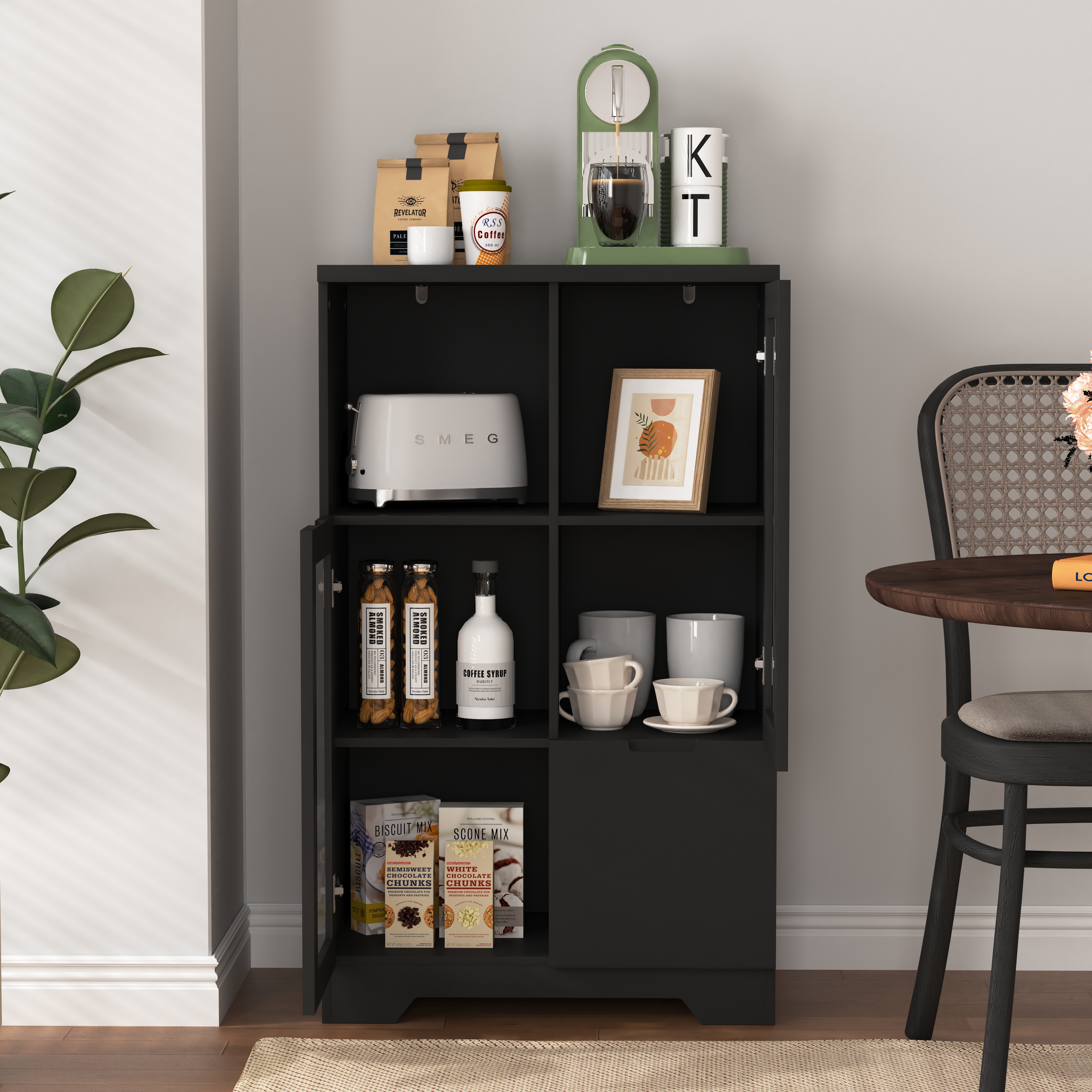 Wooden Floor Cabinet with 2 Glass Doors and 2 Storage Space,Black ,Living Room Bathroom Entryway