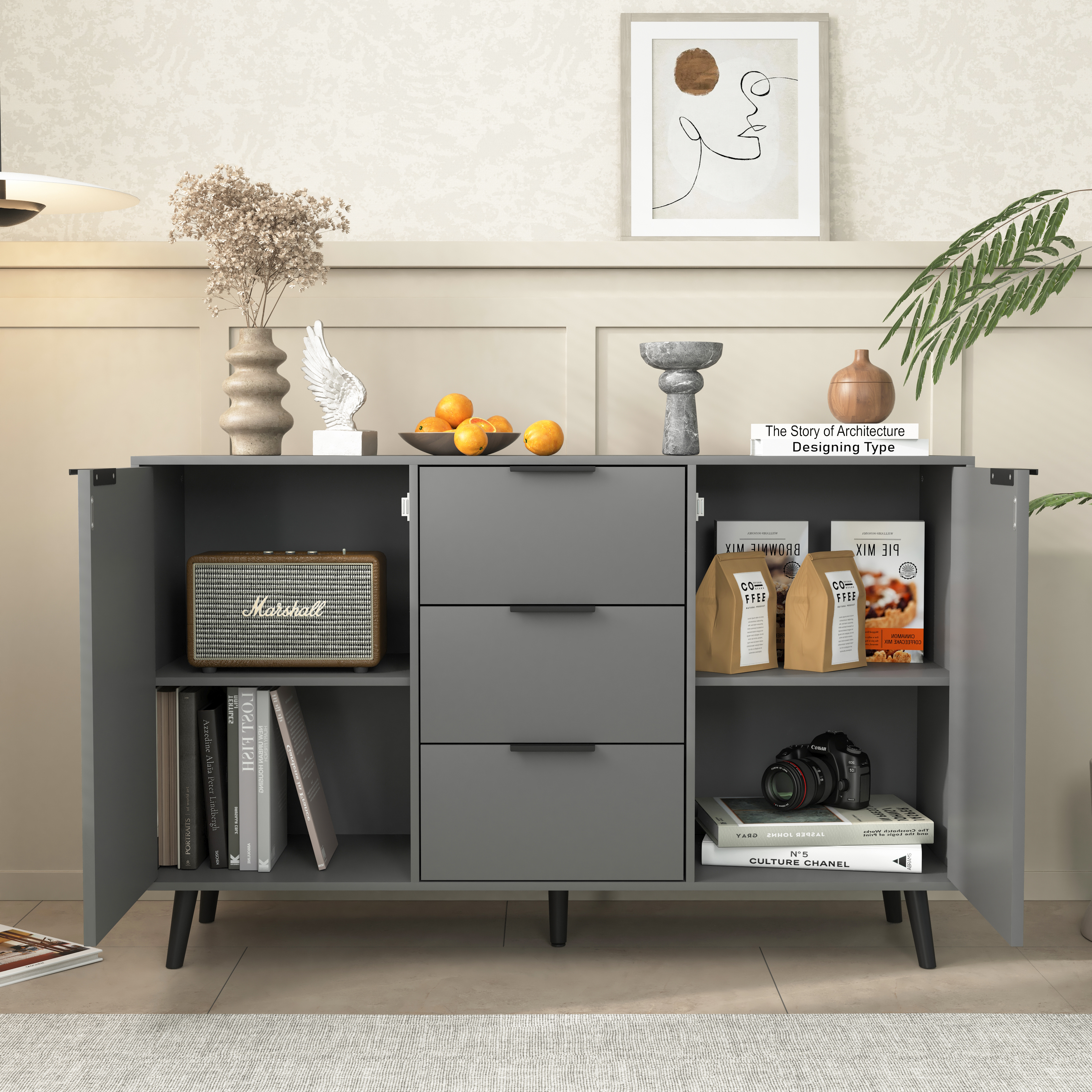 Sideboard Buffet Cabinet with Storage, Wood Coffee Bar Cabinet, 47.2" Kitchen Cabinet with 3 Drawers & 2 Doors, Kitchen Buffet Cabinet Cupboard Gray