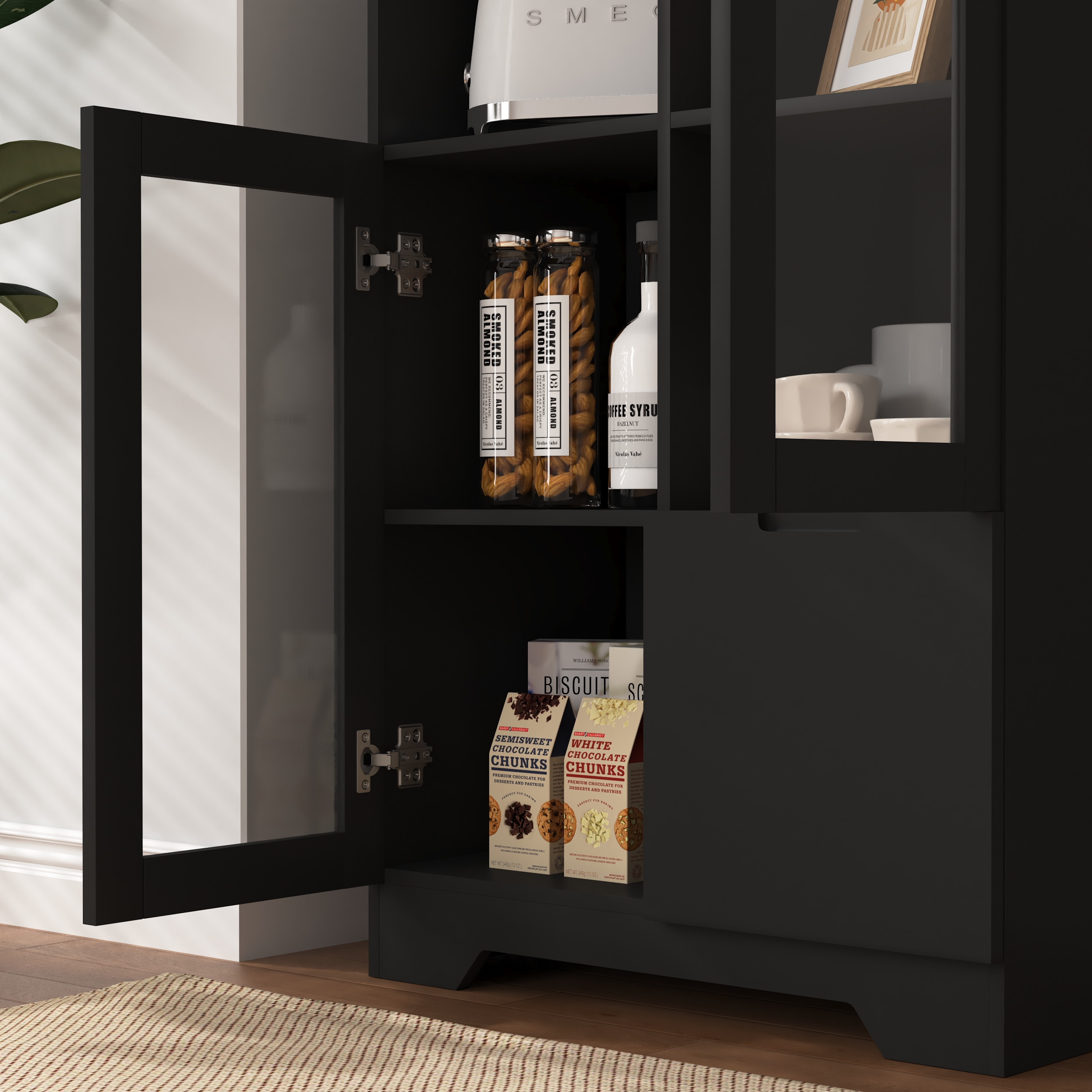 Wooden Floor Cabinet with 2 Glass Doors and 2 Storage Space,Black ,Living Room Bathroom Entryway