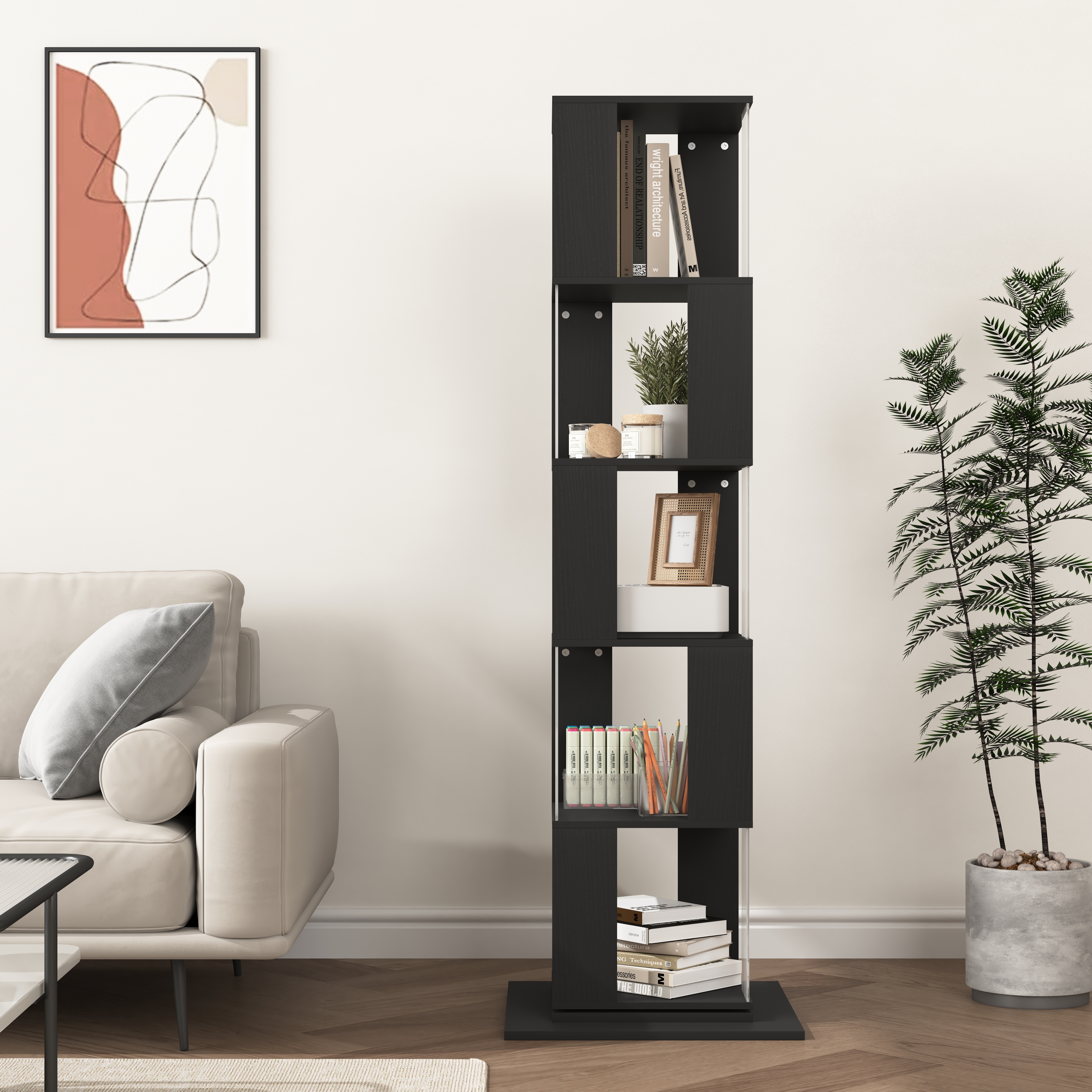 5 tier Rotating Bookshelf, Floor Rack Simple Bookcase  with Acrylic plate Student Multi-Function Creative Bookshelf for Living Room with anti-toppling base