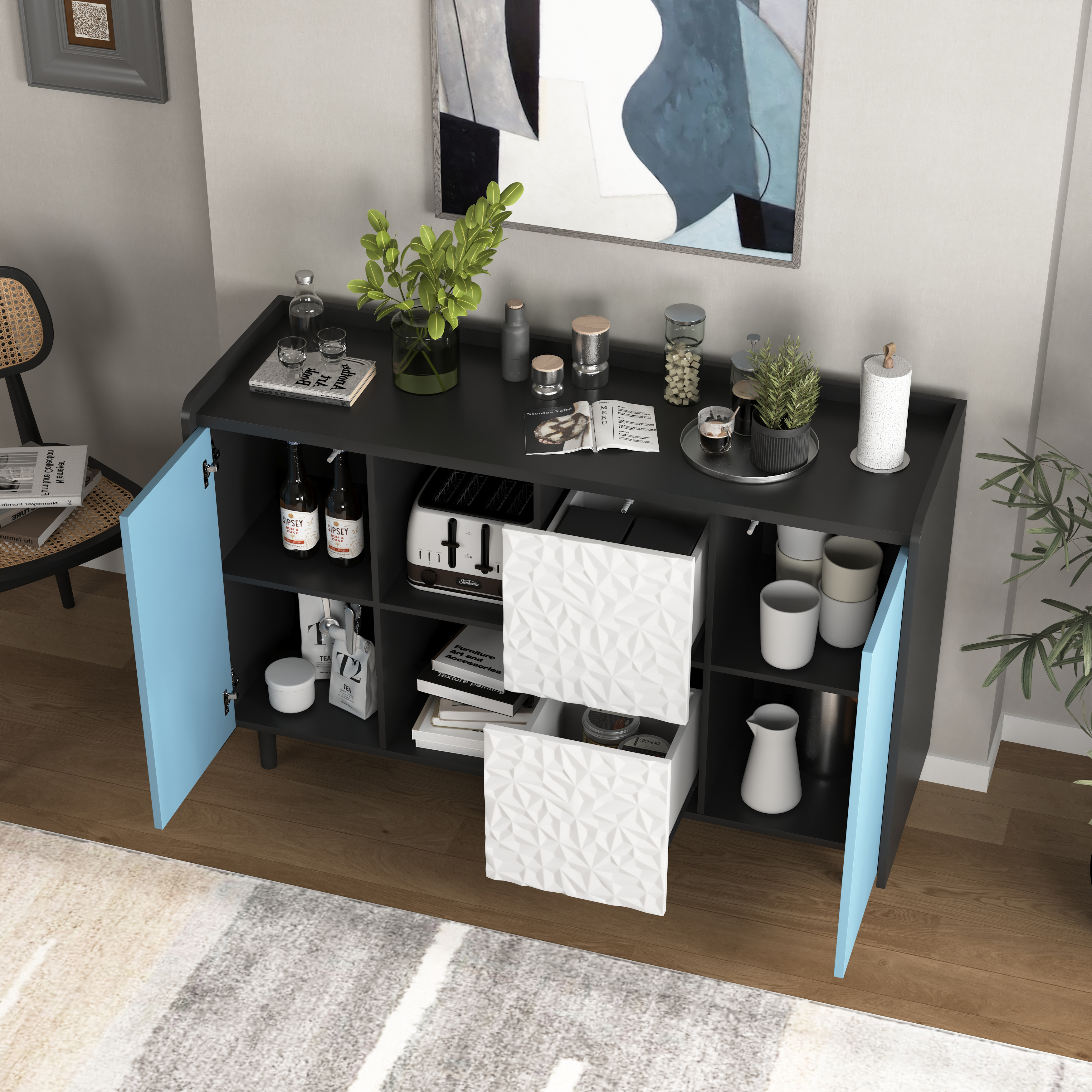 Sideboard Buffet Cabinet, Black Storage Cabinet with Blue Doors , 2 Drawers with unique panel styling and 2 Open Storage Compartment, Modern Coffee Bar Cabinet Accent Cabinet for Kitchen, Dining Room,