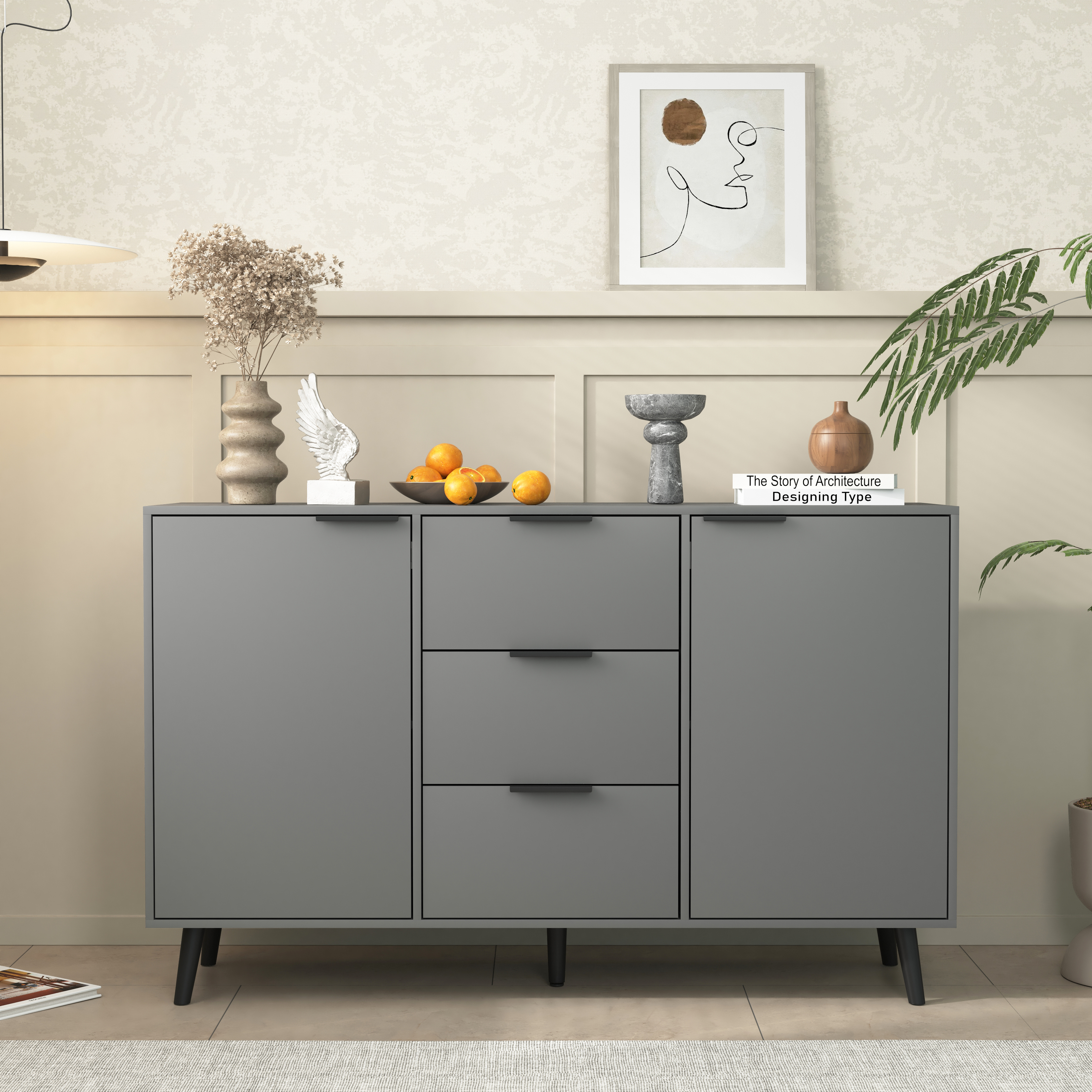 Sideboard Buffet Cabinet with Storage, Wood Coffee Bar Cabinet, 47.2" Kitchen Cabinet with 3 Drawers & 2 Doors, Kitchen Buffet Cabinet Cupboard Gray