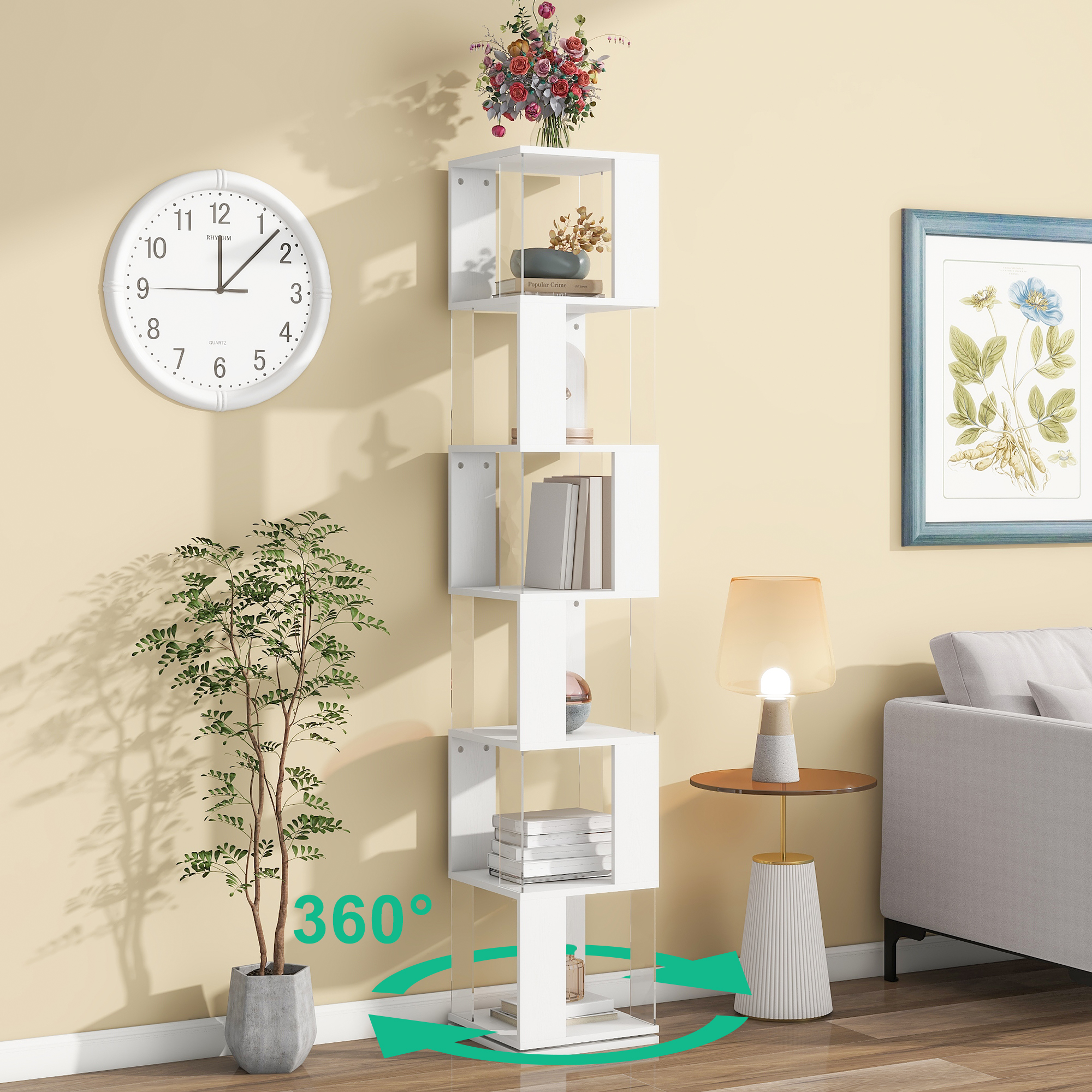 6 tier Rotating Bookshelf, Floor Rack Simple Bookcase  with Acrylic plate Student Multi-Function Creative Bookshelf for Living Room