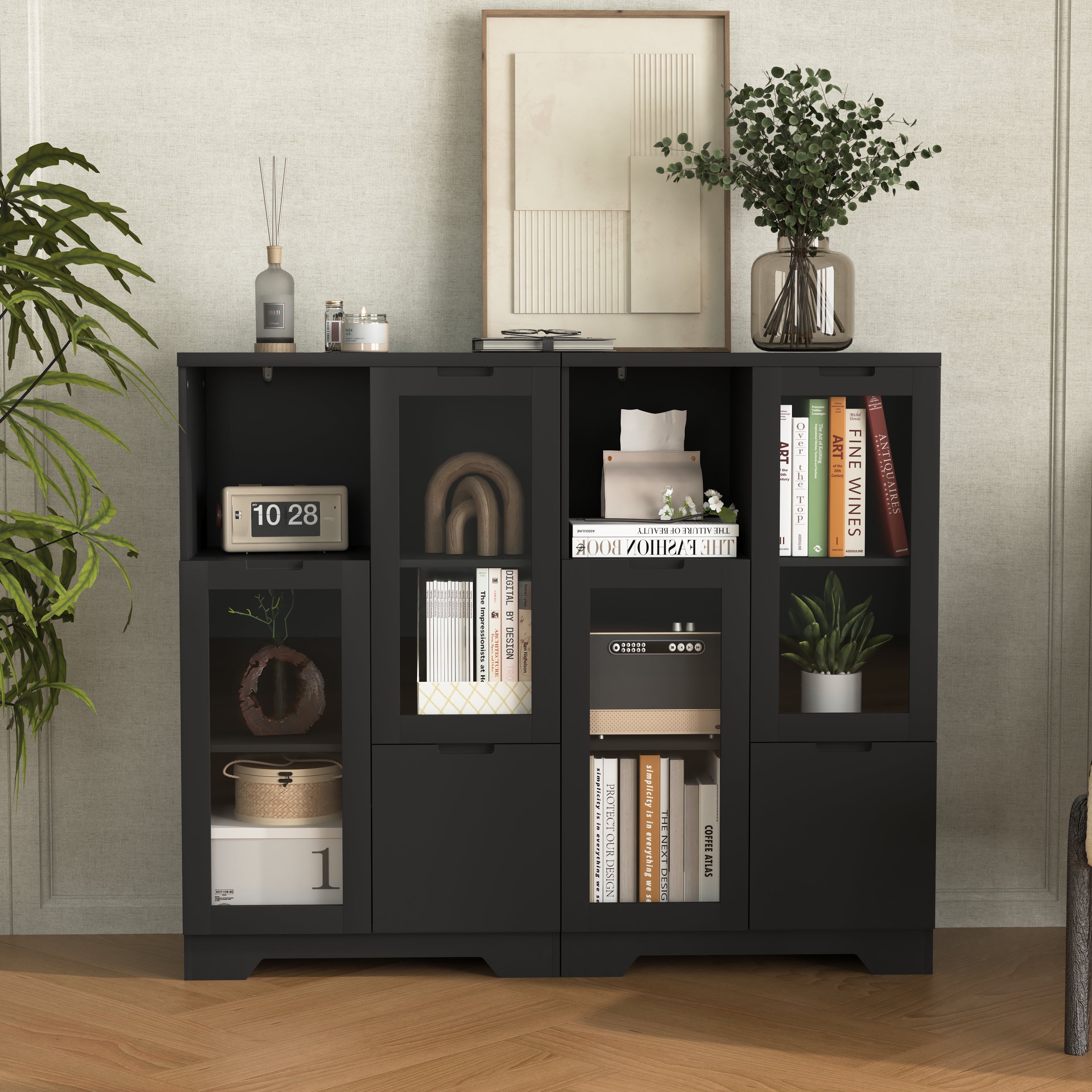 Wooden Floor Cabinet with 2 Glass Doors and 2 Storage Space,Black ,Living Room Bathroom Entryway