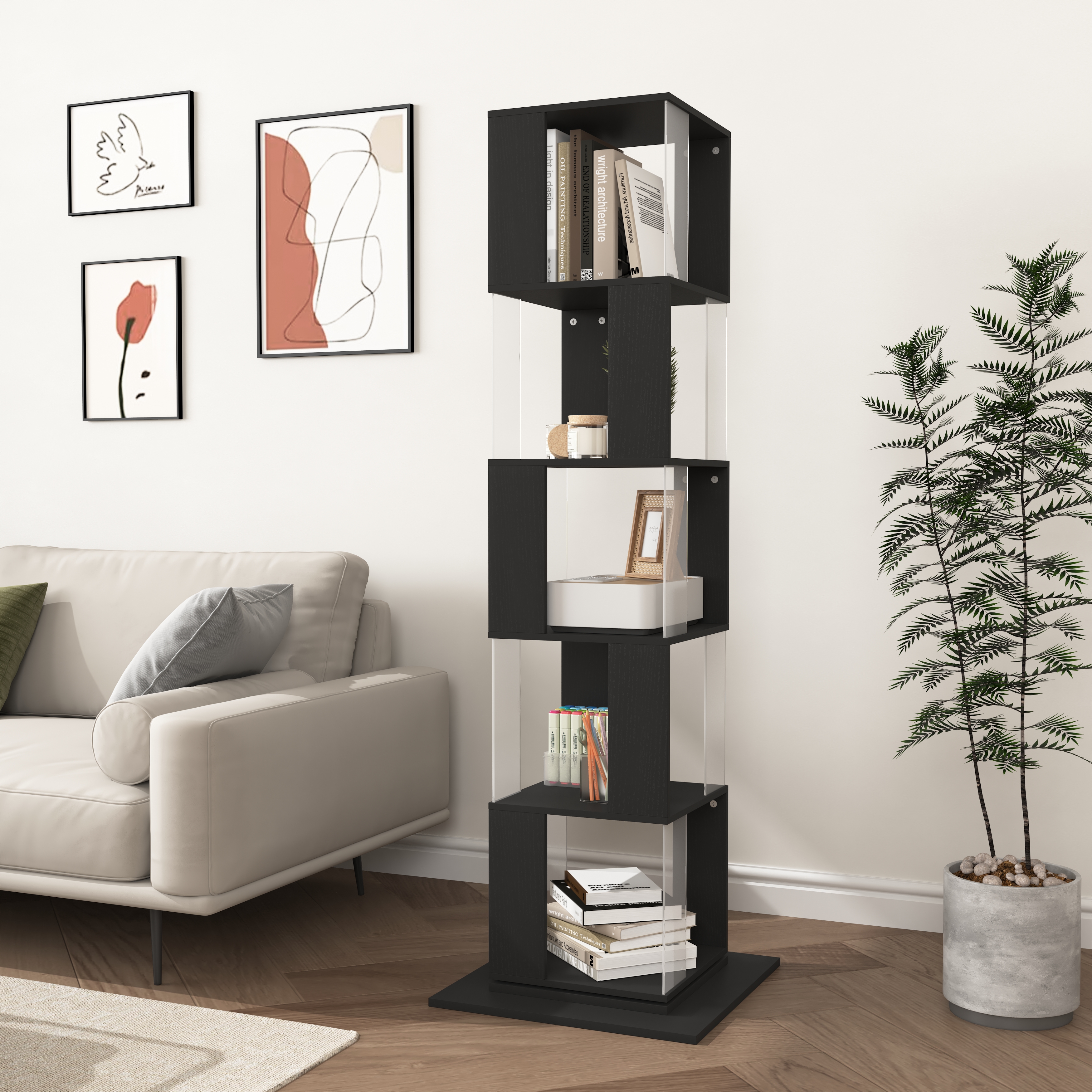 5 tier Rotating Bookshelf, Floor Rack Simple Bookcase  with Acrylic plate Student Multi-Function Creative Bookshelf for Living Room with anti-toppling base