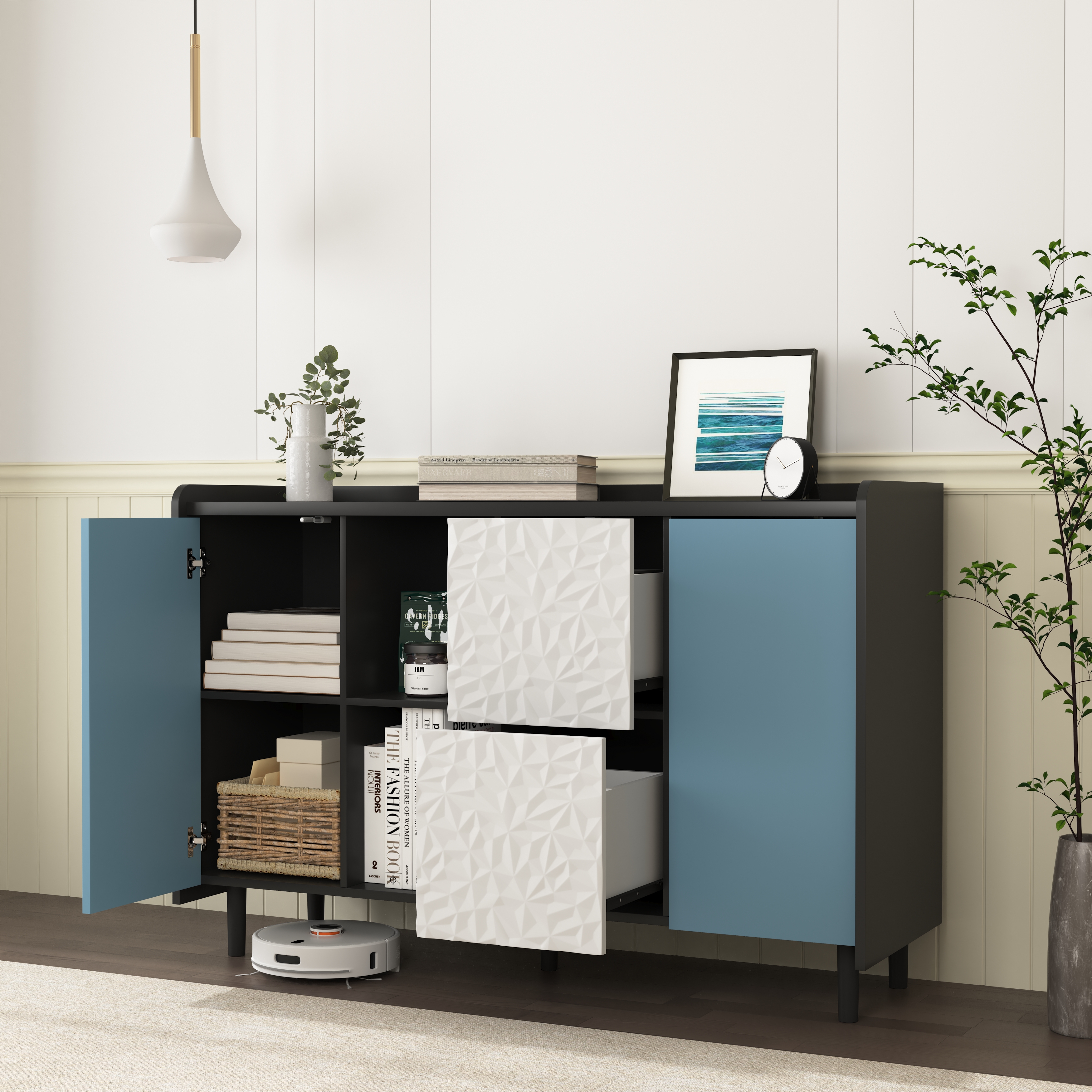 Sideboard Buffet Cabinet, Black Storage Cabinet with Blue Doors , 2 Drawers with unique panel styling and 2 Open Storage Compartment, Modern Coffee Bar Cabinet Accent Cabinet for Kitchen, Dining Room,