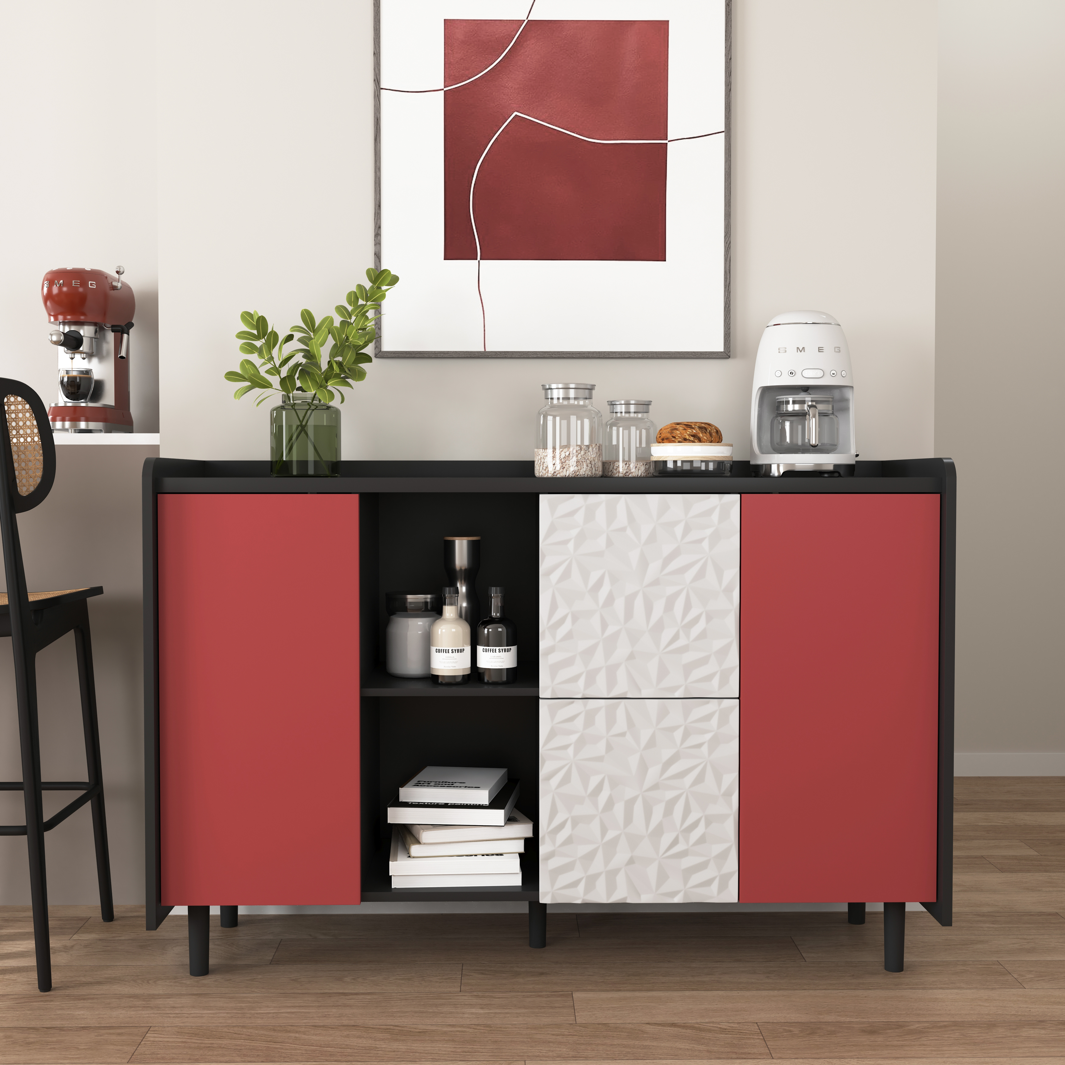 Sideboard Buffet Cabinet, Black Storage Cabinet with Red Doors , 2 Drawers with unique panel styling and 2 Open Storage Compartment, Modern Coffee Bar Cabinet Accent Cabinet for Kitchen, Dining Room,