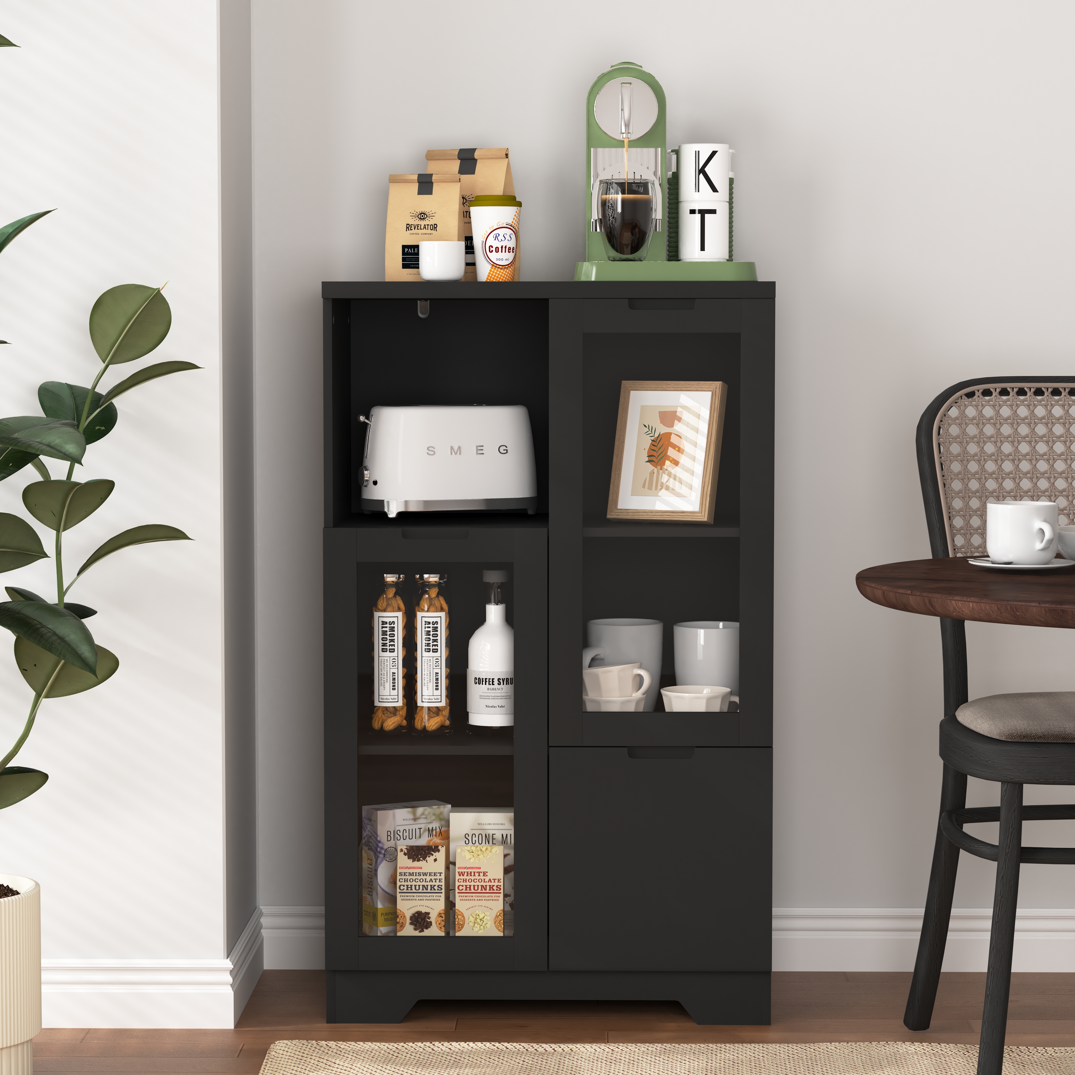 Wooden Floor Cabinet with 2 Glass Doors and 2 Storage Space,Black ,Living Room Bathroom Entryway