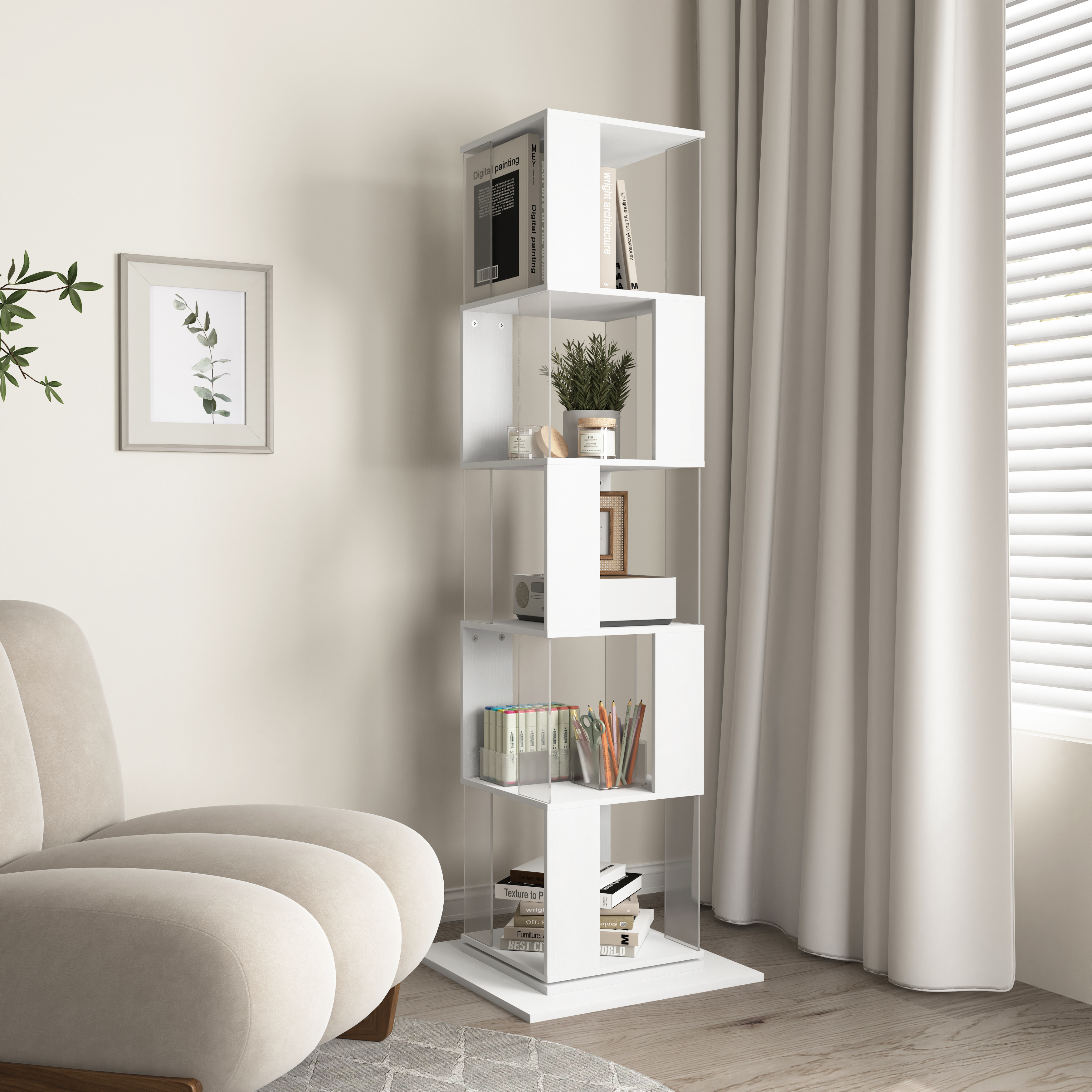 5 tier Rotating Bookshelf, Floor Rack Simple Bookcase  with Acrylic plate Student Multi-Function Creative Bookshelf for Living Room with anti-toppling base