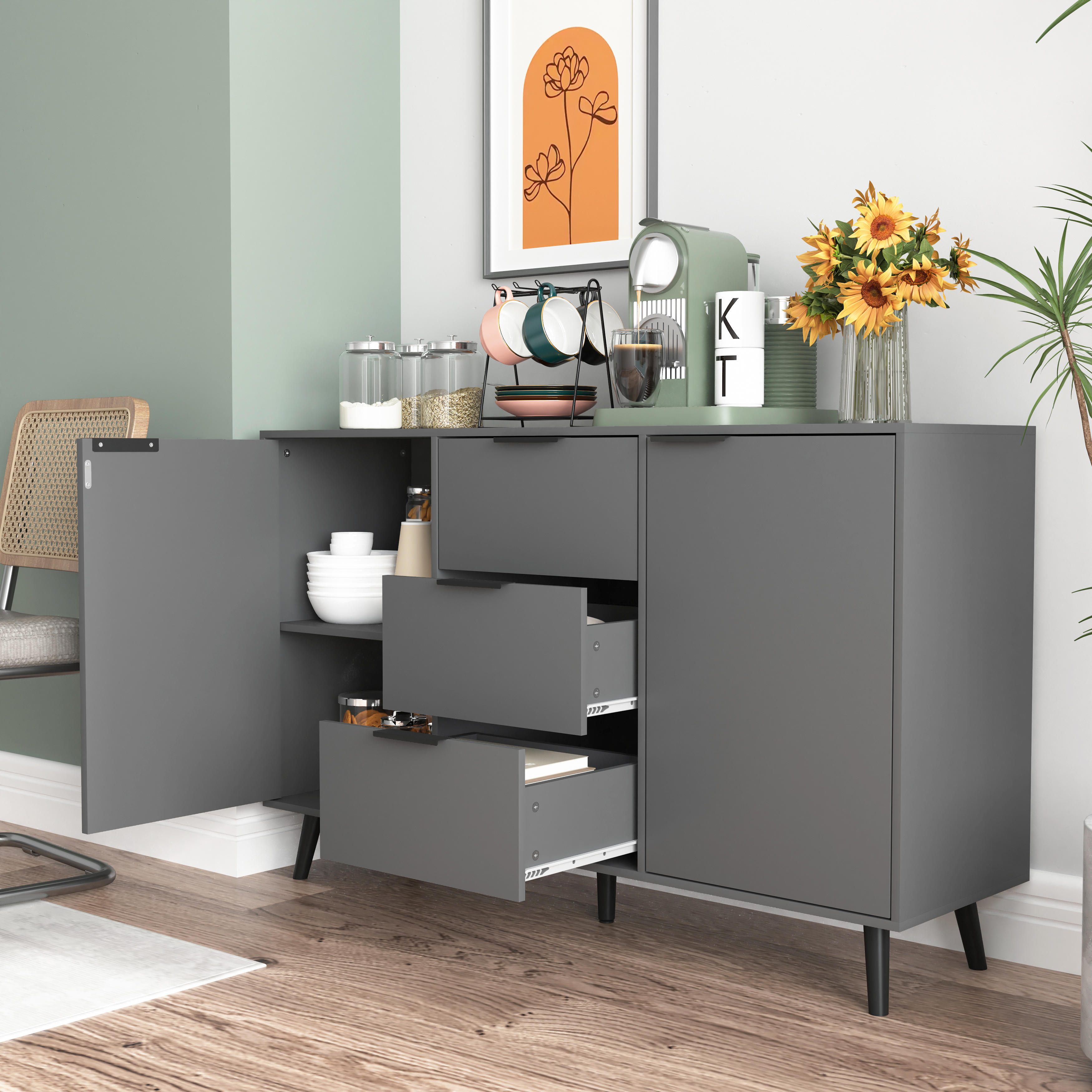 Sideboard Buffet Cabinet with Storage, Wood Coffee Bar Cabinet, 47.2" Kitchen Cabinet with 3 Drawers & 2 Doors, Kitchen Buffet Cabinet Cupboard Gray