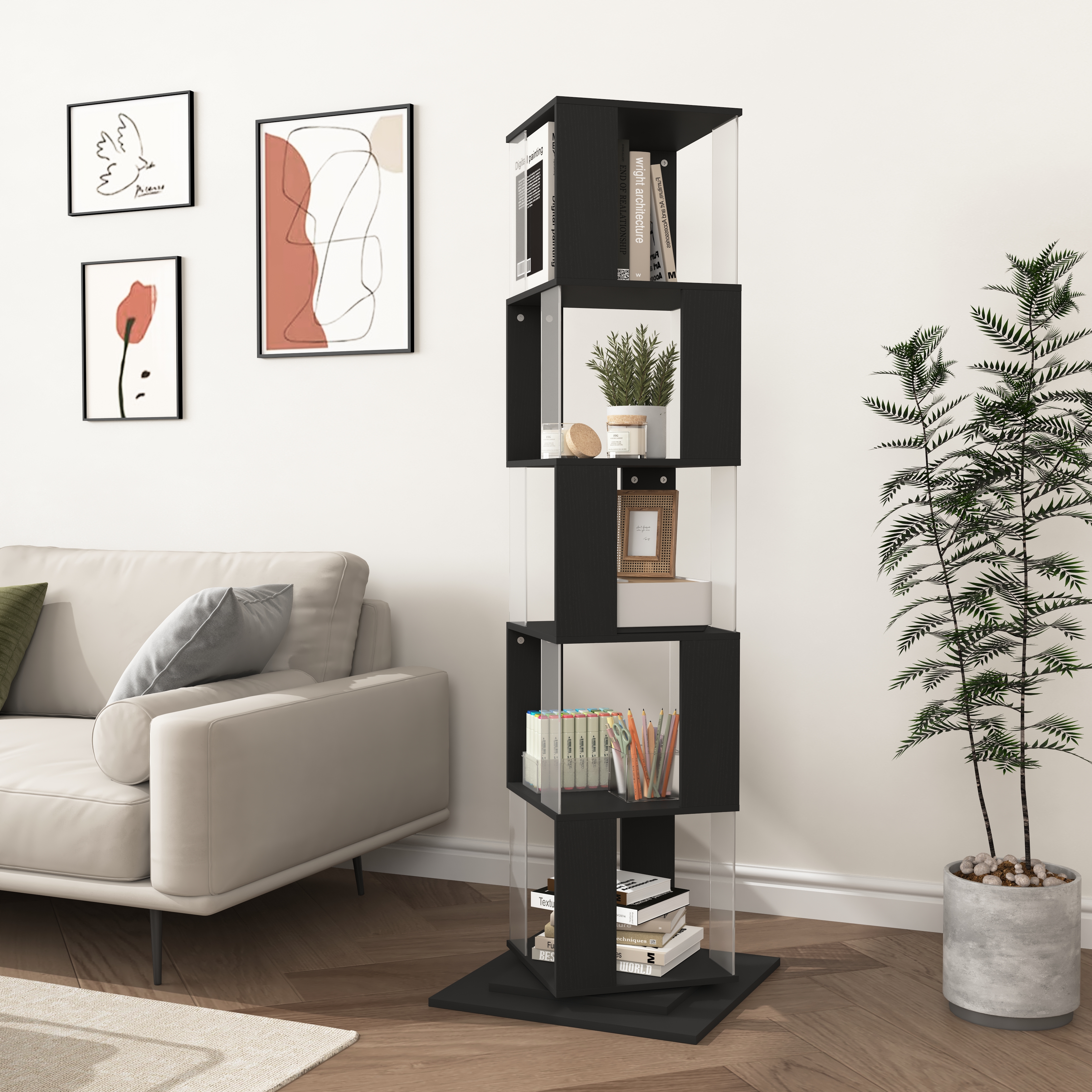 5 tier Rotating Bookshelf, Floor Rack Simple Bookcase  with Acrylic plate Student Multi-Function Creative Bookshelf for Living Room with anti-toppling base