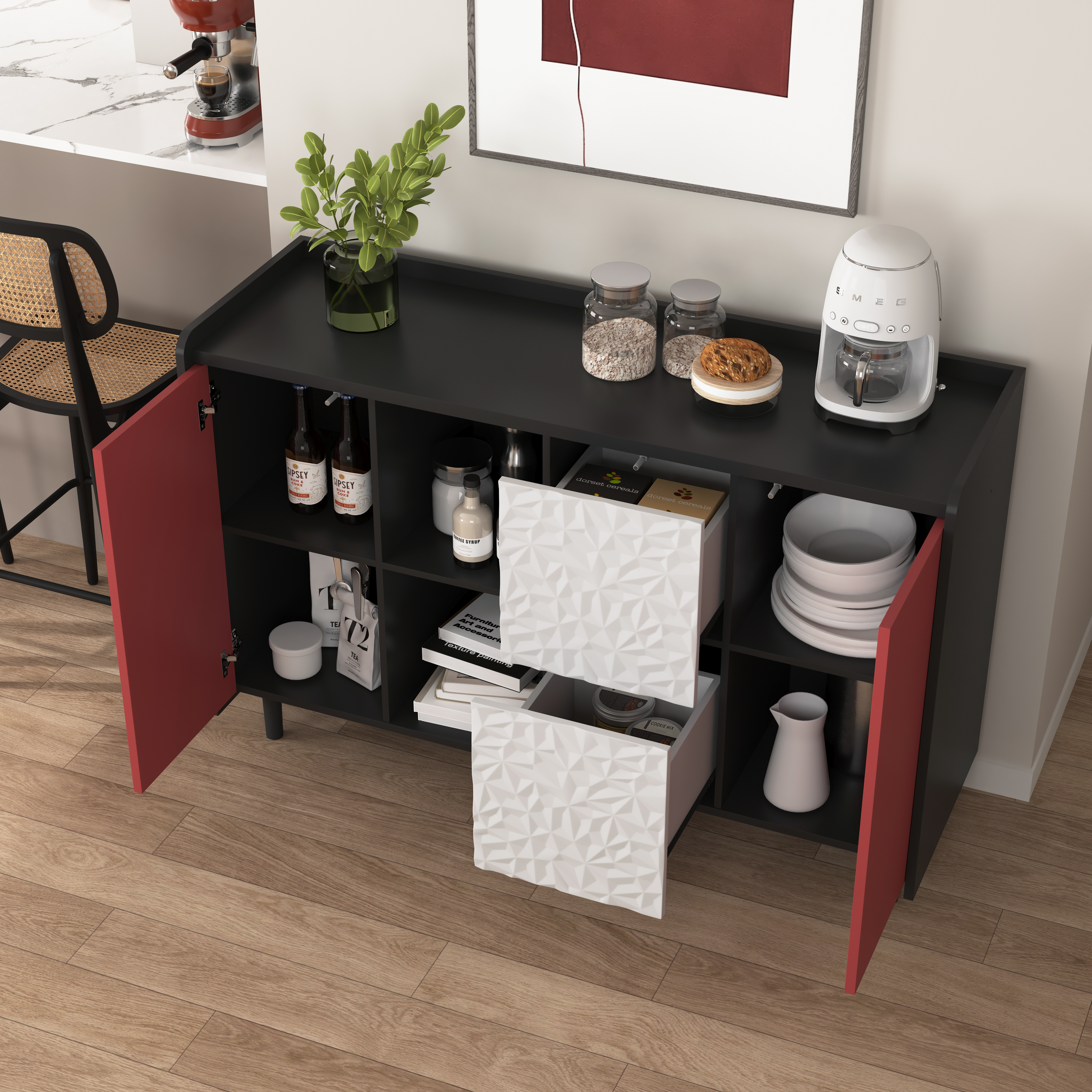 Sideboard Buffet Cabinet, Black Storage Cabinet with Red Doors , 2 Drawers with unique panel styling and 2 Open Storage Compartment, Modern Coffee Bar Cabinet Accent Cabinet for Kitchen, Dining Room,