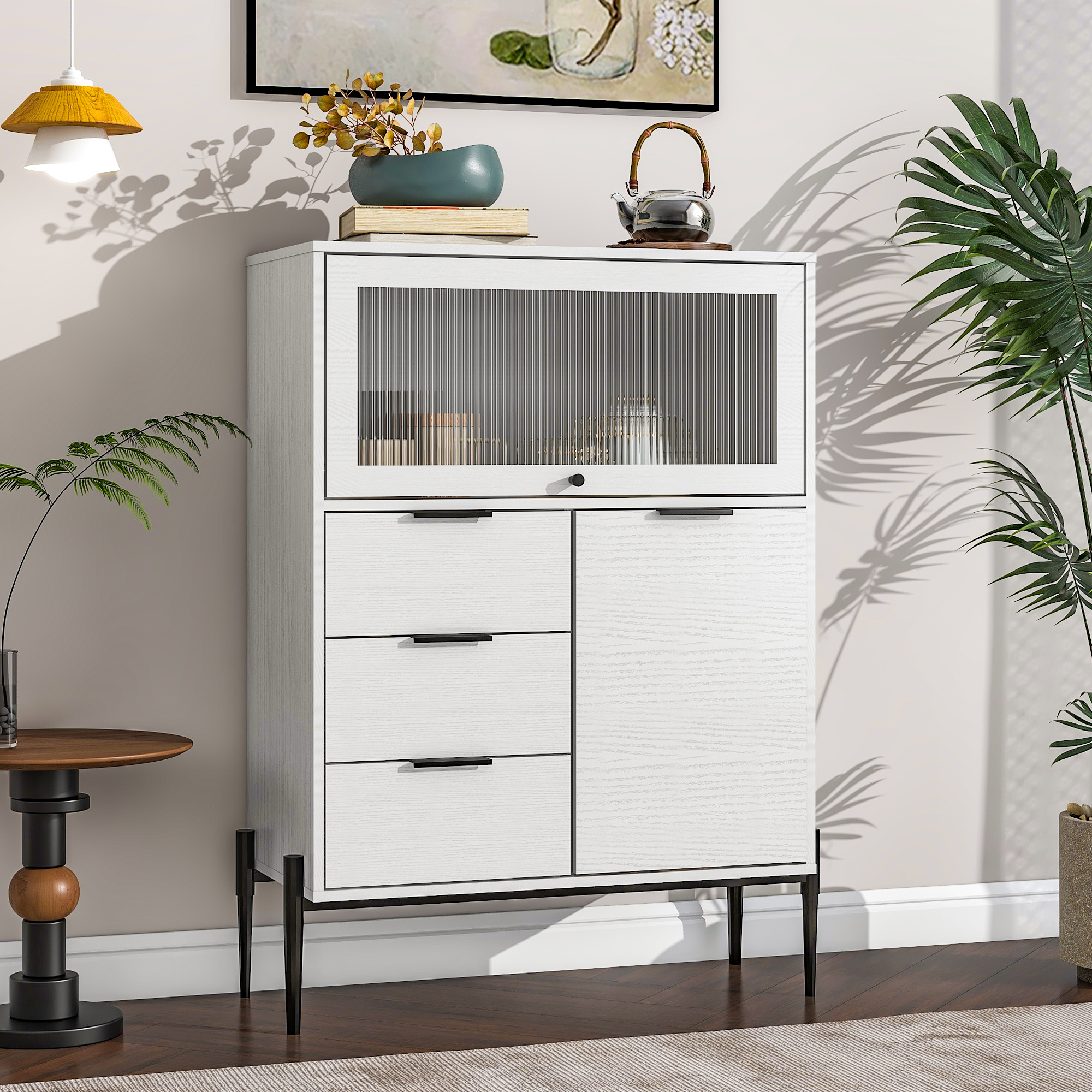 Sideboard with 3 Drawers ,1 door and 1 glass Door Wood Cabinet with Storage for Kitchen, Dining Room, Hallway 33.46" x 15.74" x 47.2"