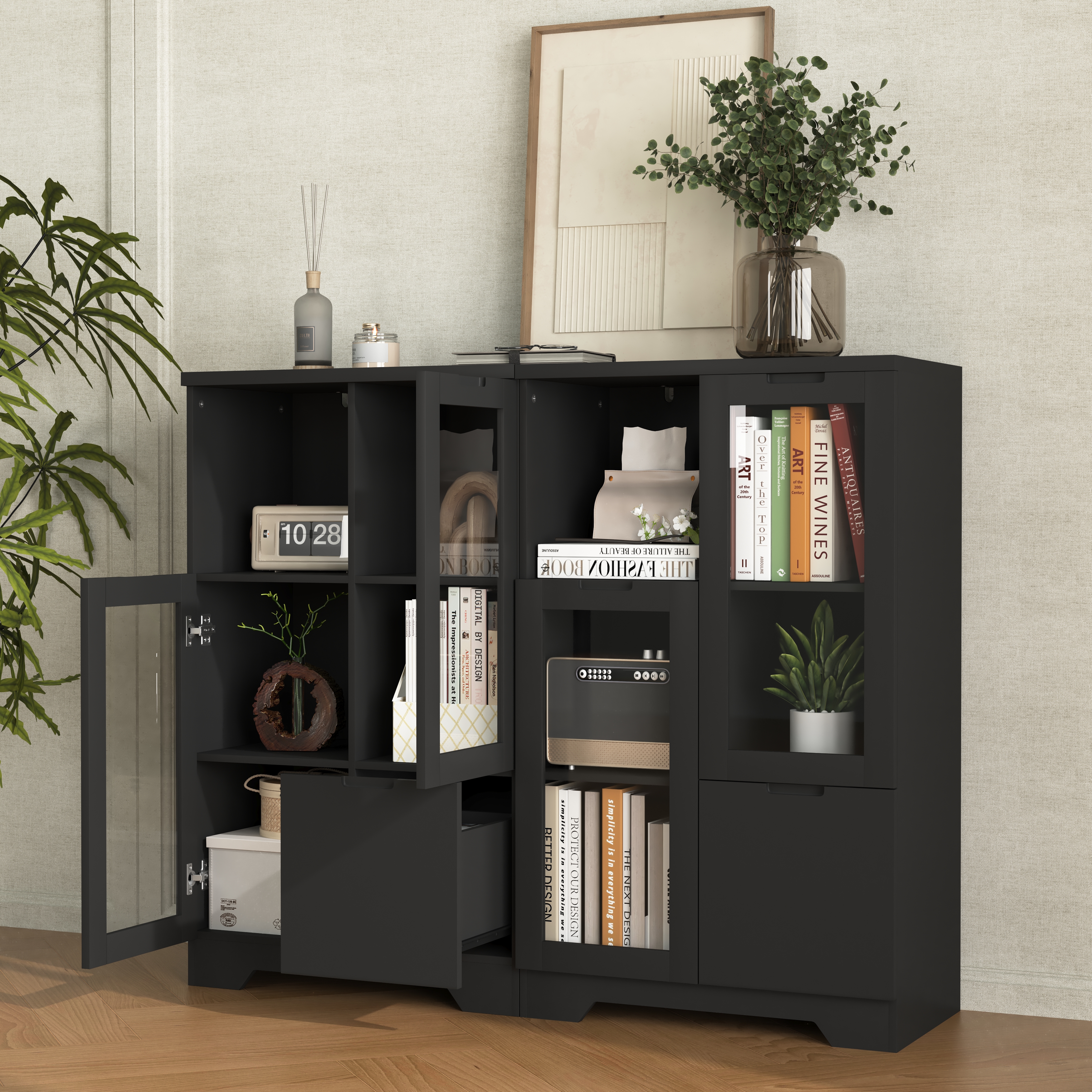 Wooden Floor Cabinet with 2 Glass Doors and 2 Storage Space,Black ,Living Room Bathroom Entryway