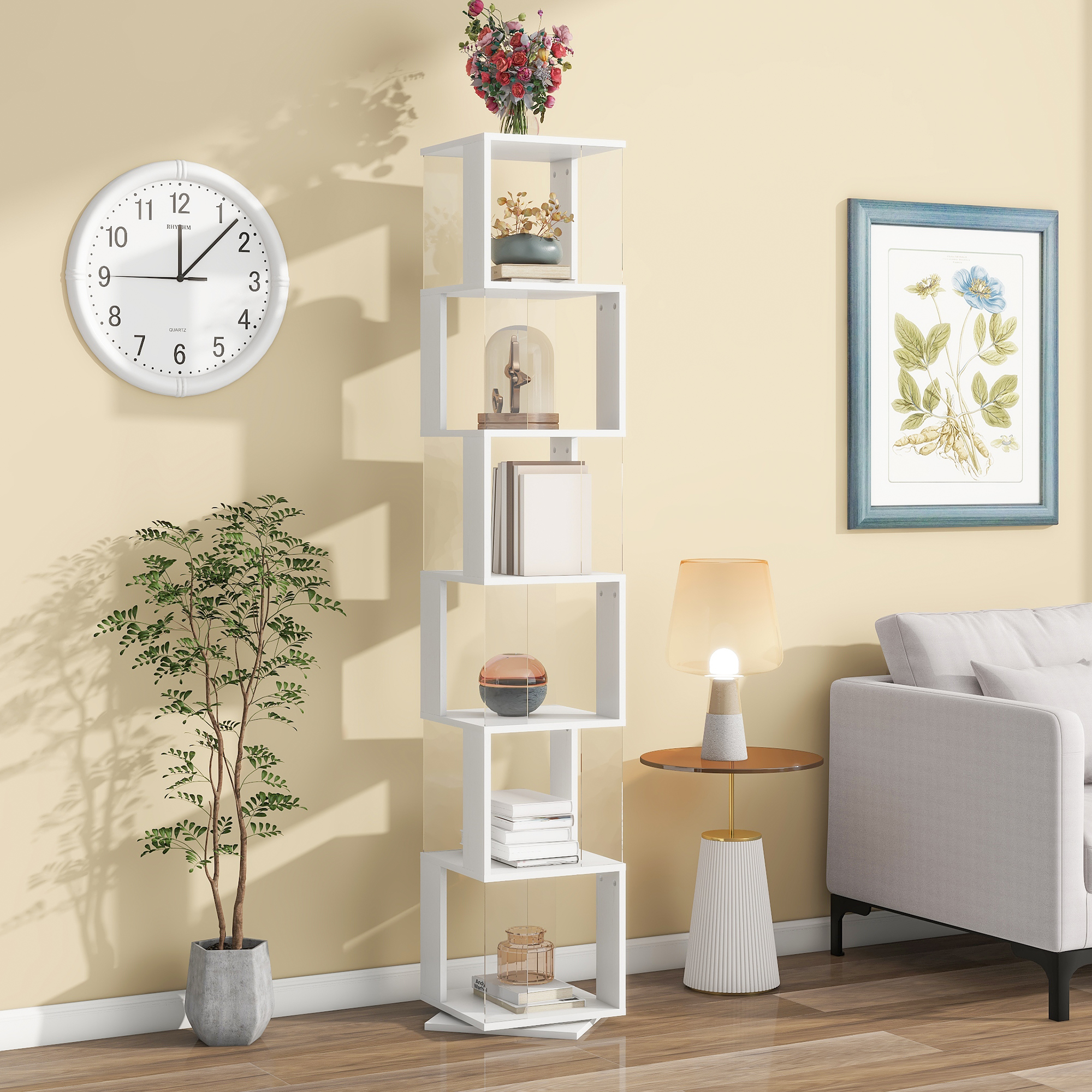 6 tier Rotating Bookshelf, Floor Rack Simple Bookcase  with Acrylic plate Student Multi-Function Creative Bookshelf for Living Room