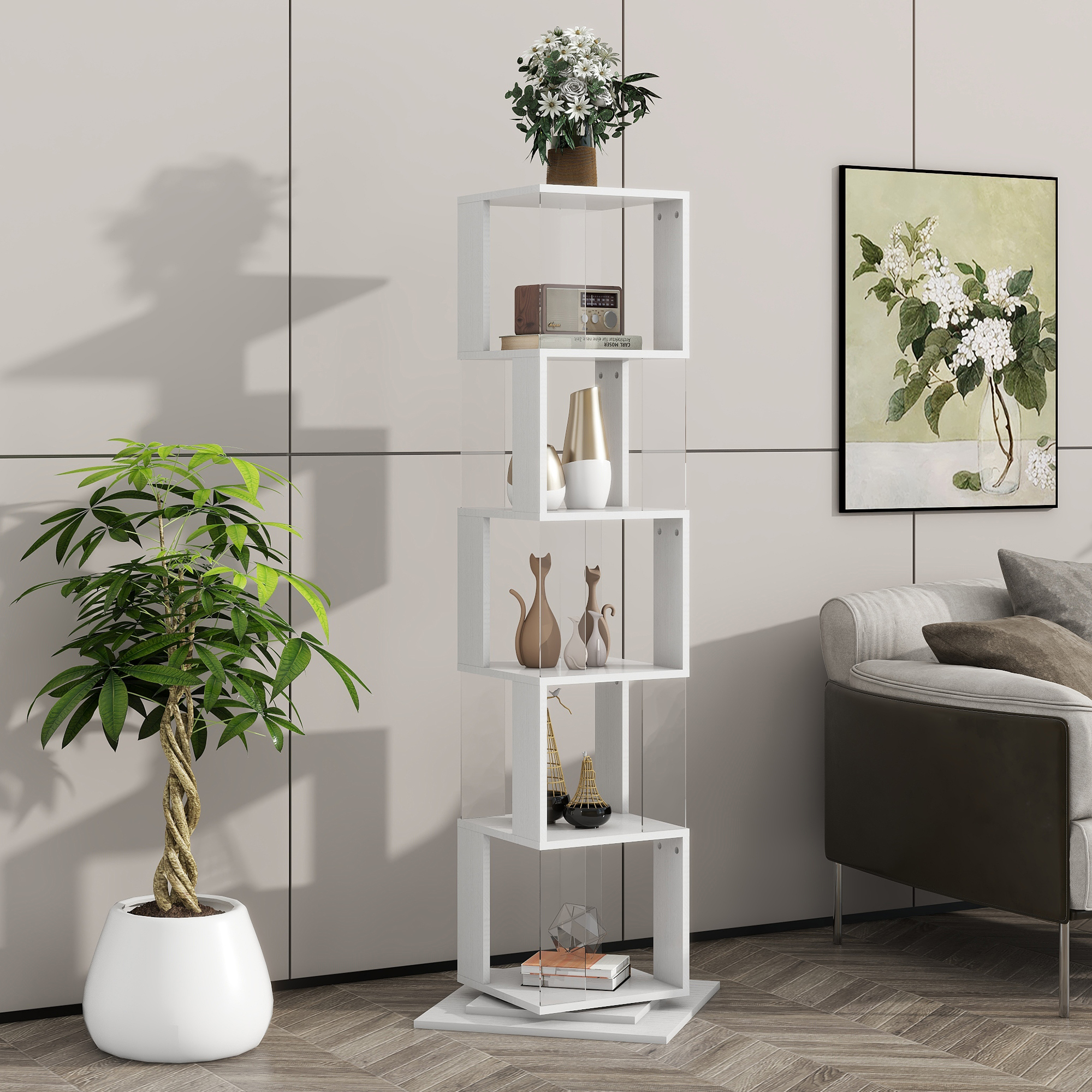 5 tier Rotating Bookshelf, Floor Rack Simple Bookcase  with Acrylic plate Student Multi-Function Creative Bookshelf for Living Room with anti-toppling base