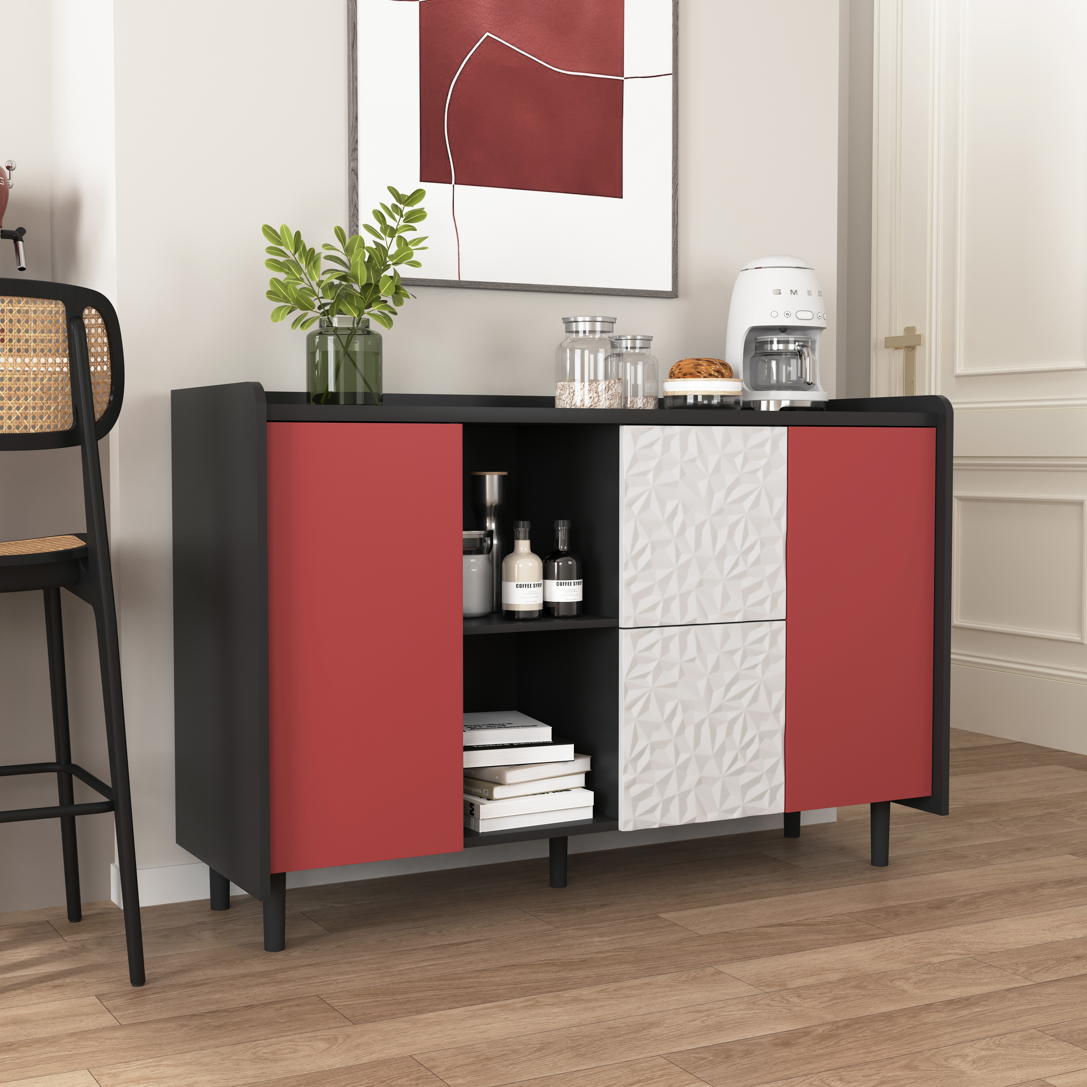 Sideboard Buffet Cabinet, Black Storage Cabinet with Red Doors , 2 Drawers with unique panel styling and 2 Open Storage Compartment, Modern Coffee Bar Cabinet Accent Cabinet for Kitchen, Dining Room,