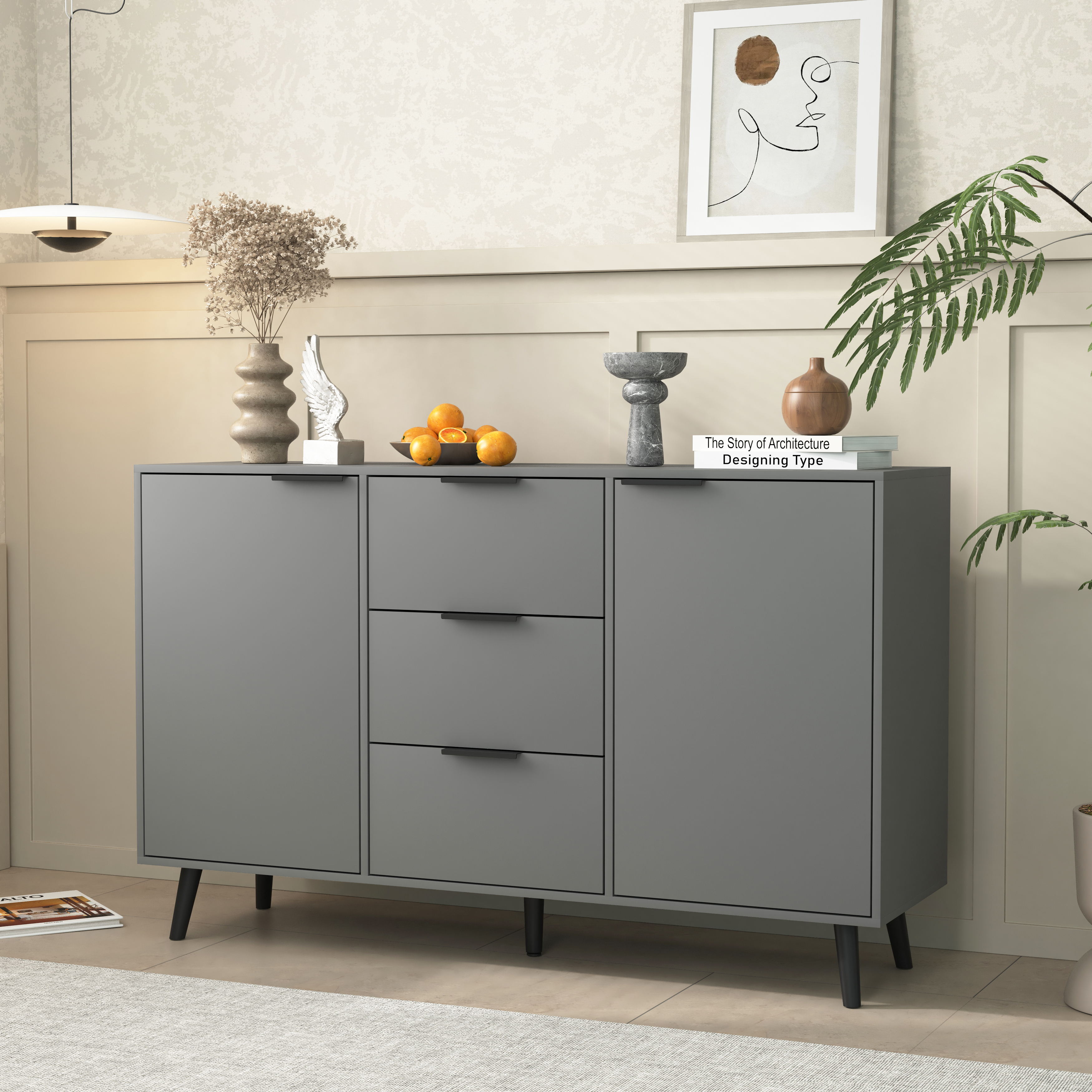 Sideboard Buffet Cabinet with Storage, Wood Coffee Bar Cabinet, 47.2" Kitchen Cabinet with 3 Drawers & 2 Doors, Kitchen Buffet Cabinet Cupboard Gray