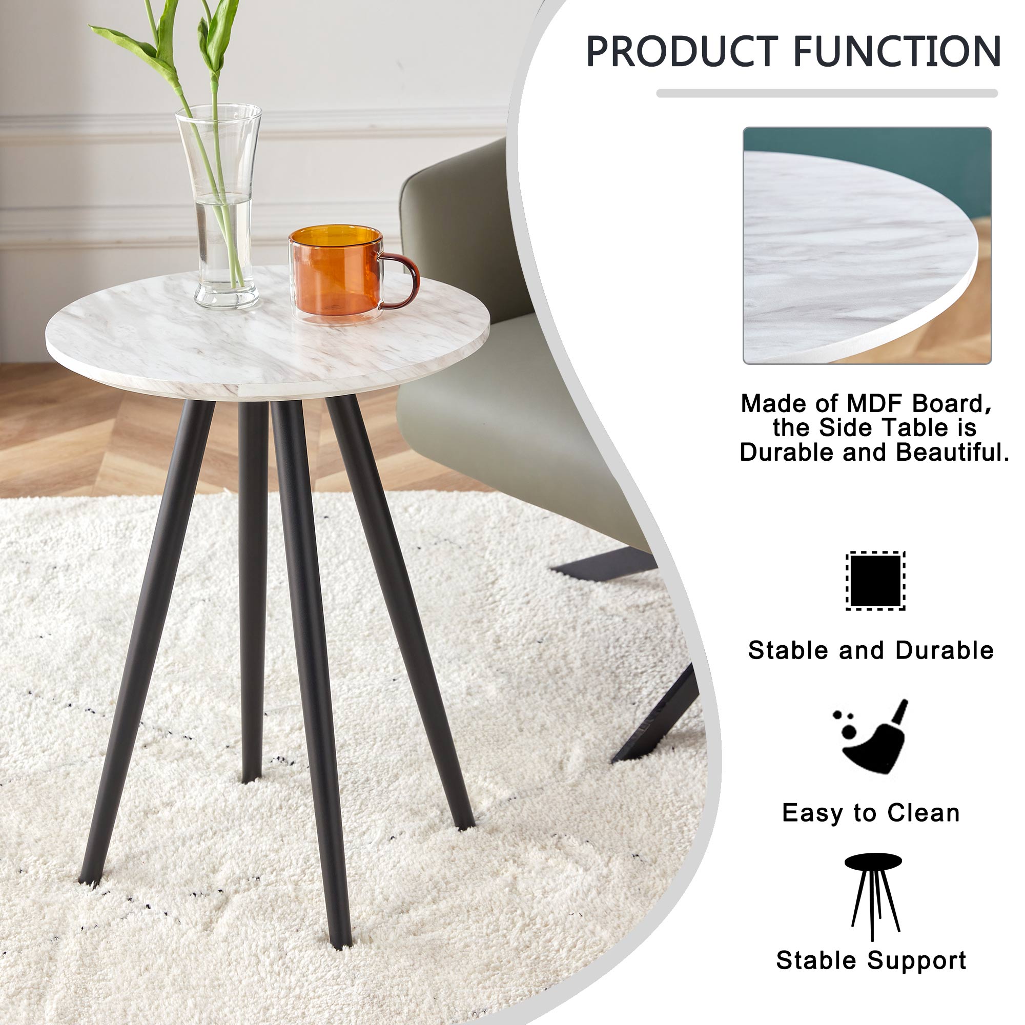 Modern minimalist white imitation marble end table, small coffee table with black metal legs, circular bedside table (MDF desktop+metal legs) in living room, bedroom, and apartment small spaces