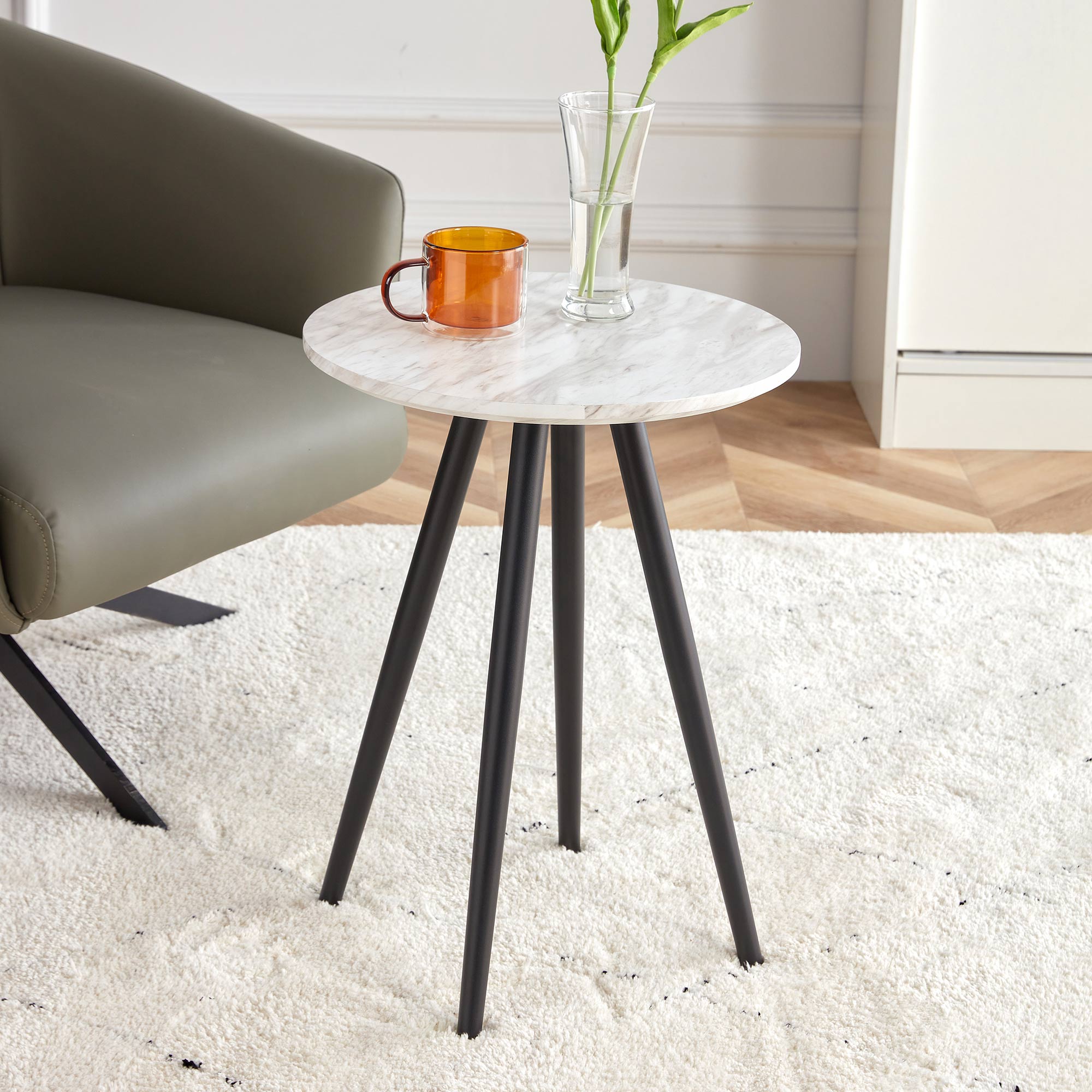 Modern minimalist white imitation marble end table, small coffee table with black metal legs, circular bedside table (MDF desktop+metal legs) in living room, bedroom, and apartment small spaces