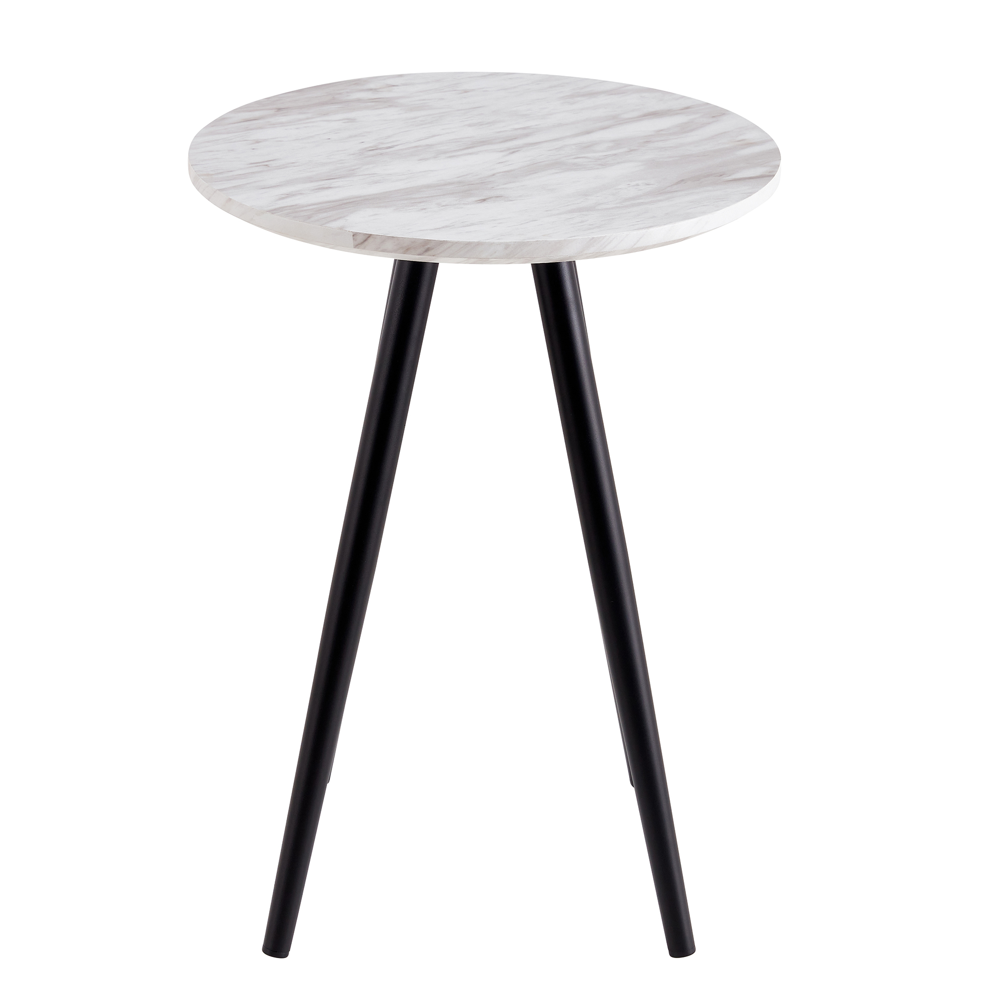 Modern minimalist white imitation marble end table, small coffee table with black metal legs, circular bedside table (MDF desktop+metal legs) in living room, bedroom, and apartment small spaces