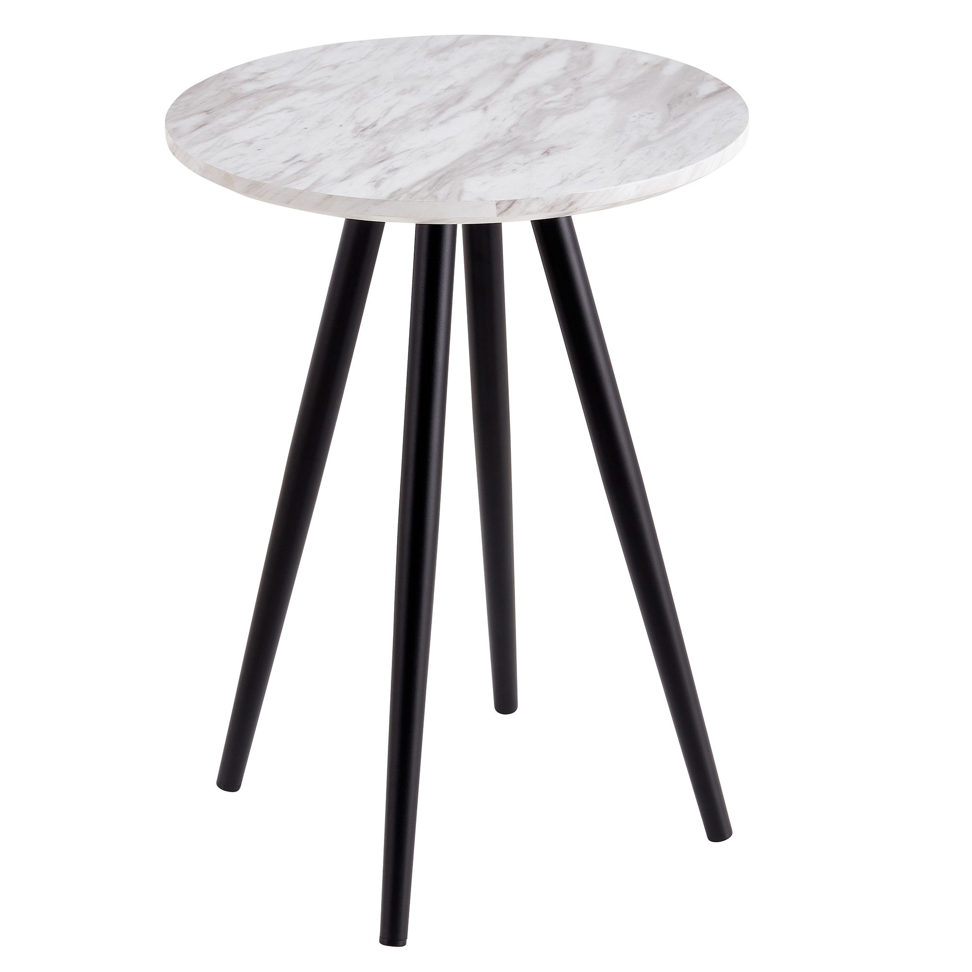 Modern minimalist white imitation marble end table, small coffee table with black metal legs, circular bedside table (MDF desktop+metal legs) in living room, bedroom, and apartment small spaces