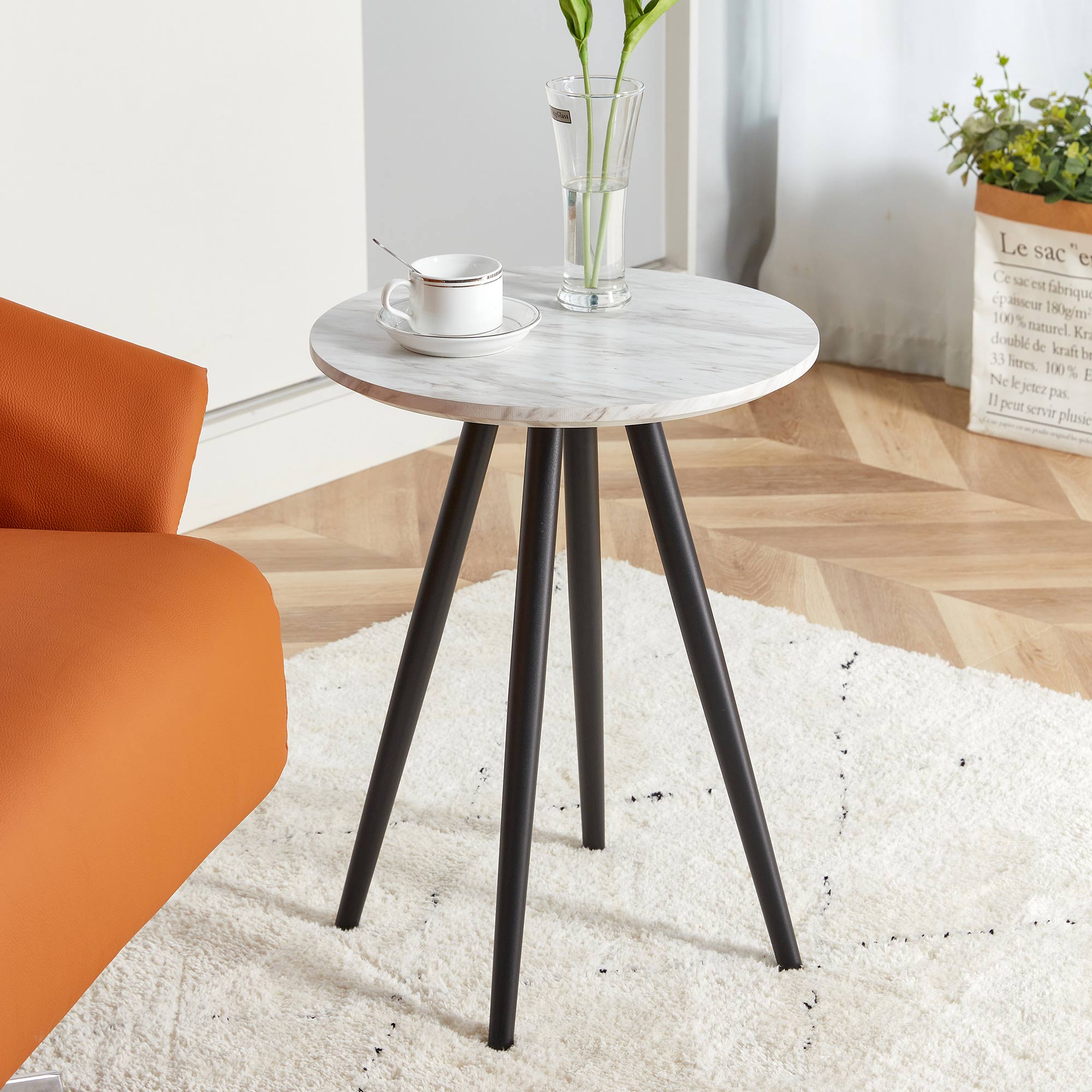 Modern minimalist white imitation marble end table, small coffee table with black metal legs, circular bedside table (MDF desktop+metal legs) in living room, bedroom, and apartment small spaces