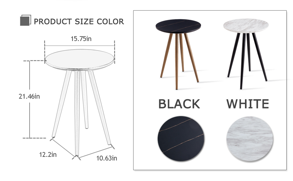 Modern Minimalism Black Faux Marble End&Side Table,Small Accent Coffee Table with Black Metal Legs,Round Nightstand for Living Room,Bedroom,Apartment Small Space ( MDF Tabletop + Metal Legs )