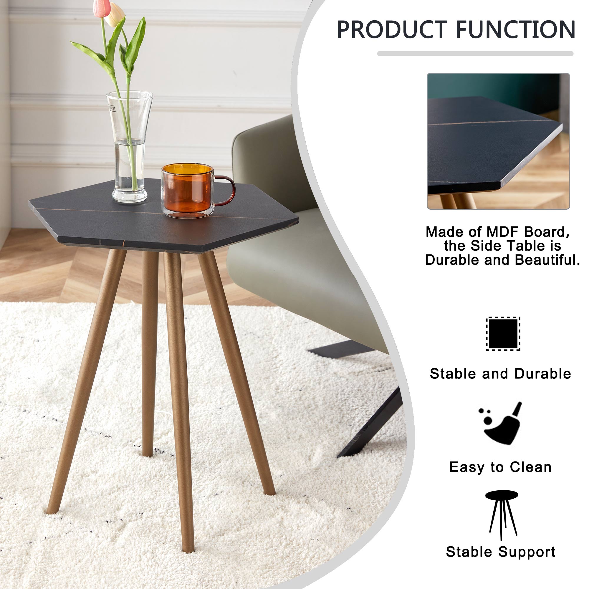 Modern Minimalism Black Faux Marble End&Side Table, Small Accent Coffee Table with Dark Gold Metal Legs, Hexagon Nightstand for Living Room,Bedroom, Apartment Small Space ( MDF Tabletop + Metal Legs )