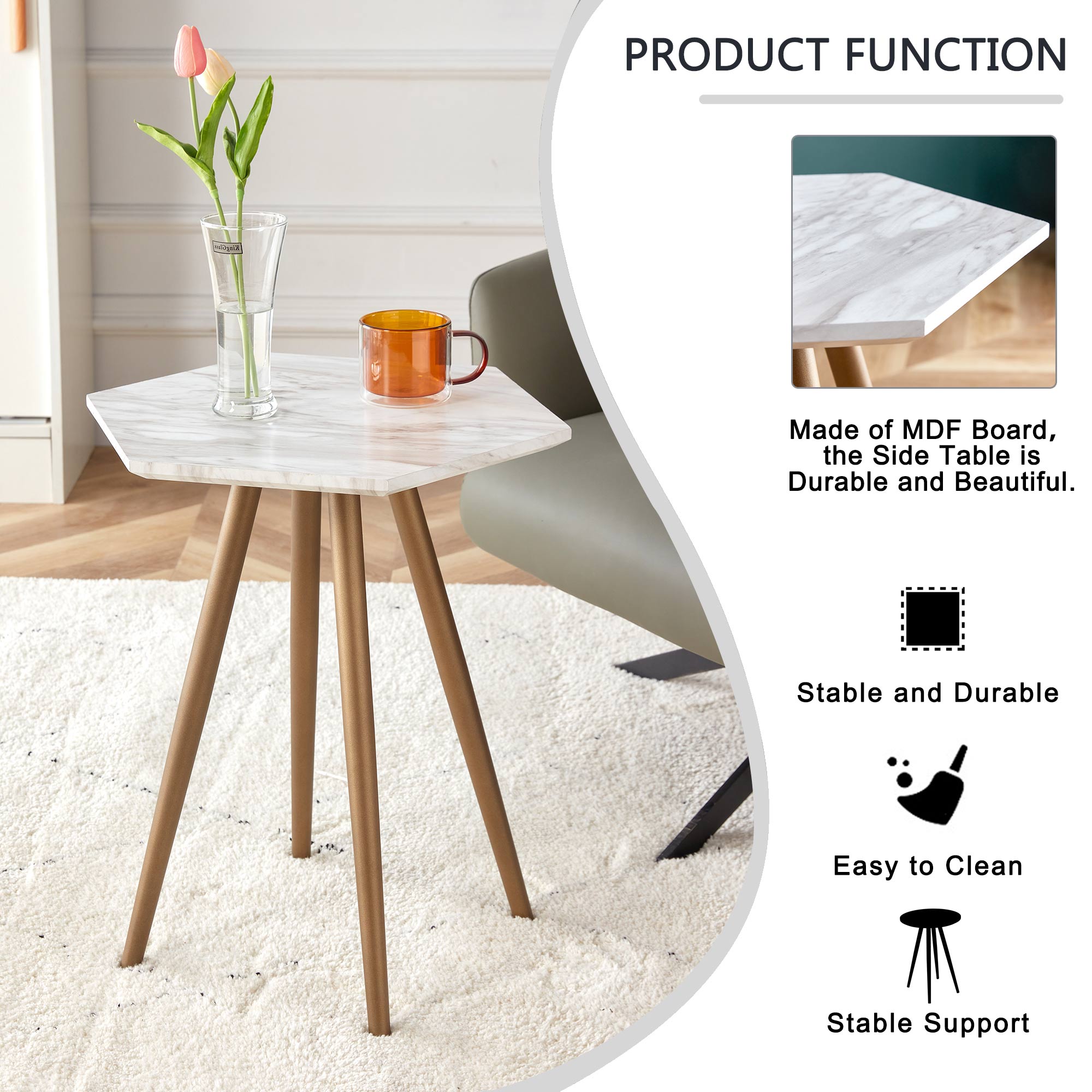 Modern Minimalism White Faux Marble End&Side Table, Small Accent Coffee Table with Dark Gold Metal Legs, Hexagon Nightstand for Living Room,Bedroom, Apartment Small Space ( MDF Tabletop + Metal Legs )