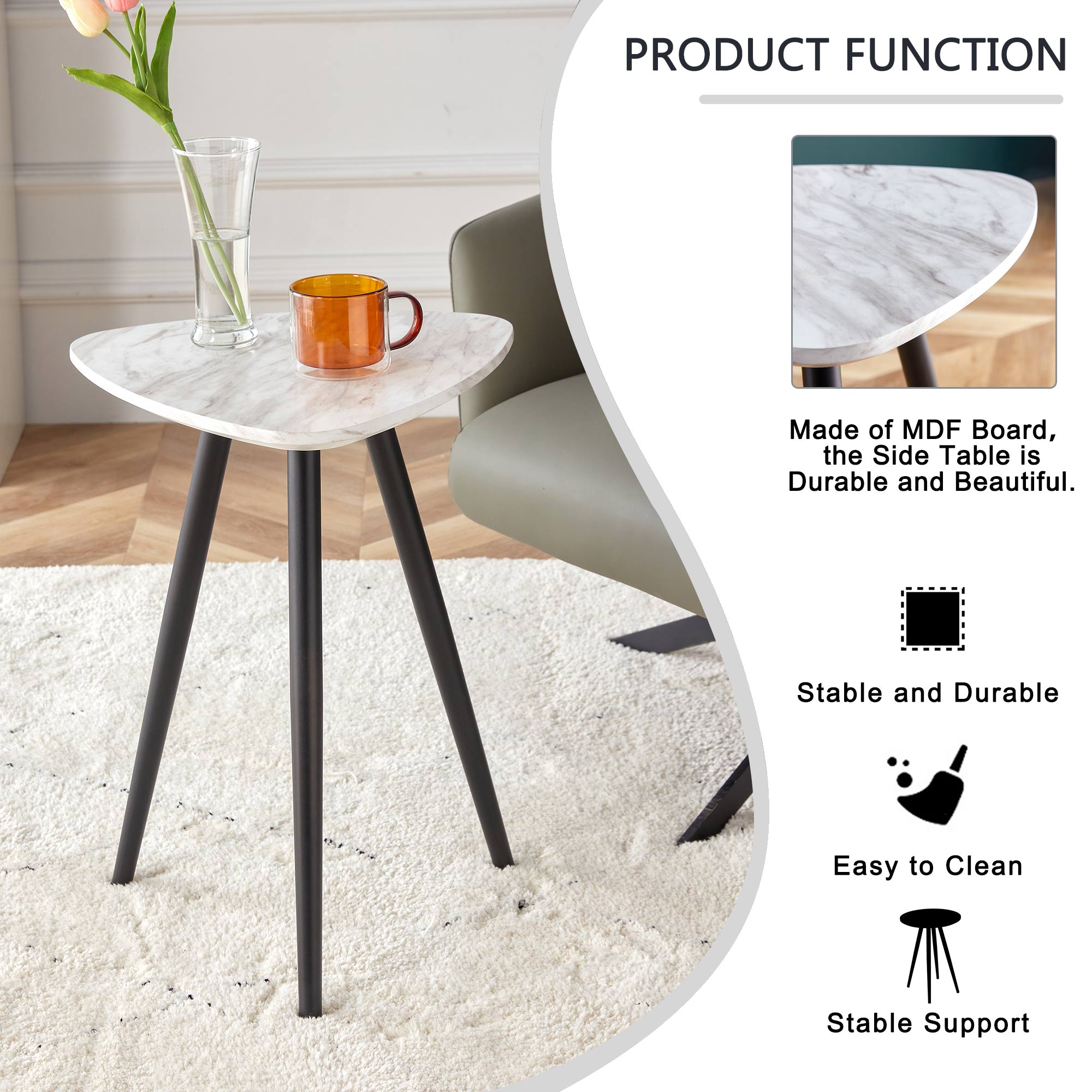 Modern Minimalism White Faux Marble End&Side Table,Small Accent Coffee Table with Dark Gold Metal Legs,Triangle Nightstand for Living Room,Bedroom,Apartment Small Space ( MDF Tabletop + Metal Legs )