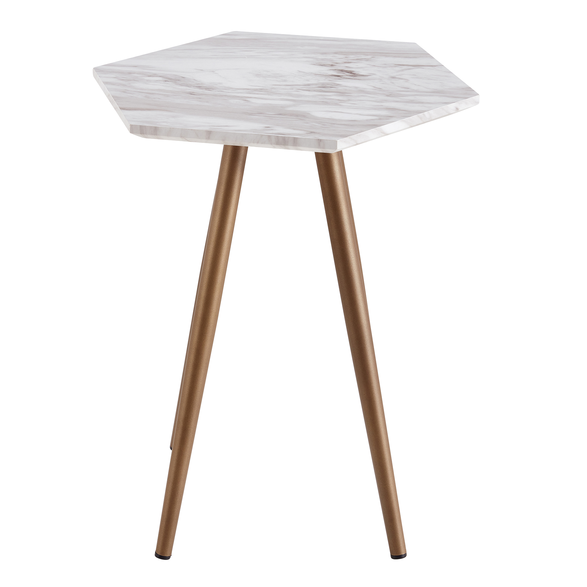 Modern Minimalism White Faux Marble End&Side Table, Small Accent Coffee Table with Dark Gold Metal Legs, Hexagon Nightstand for Living Room,Bedroom, Apartment Small Space ( MDF Tabletop + Metal Legs )