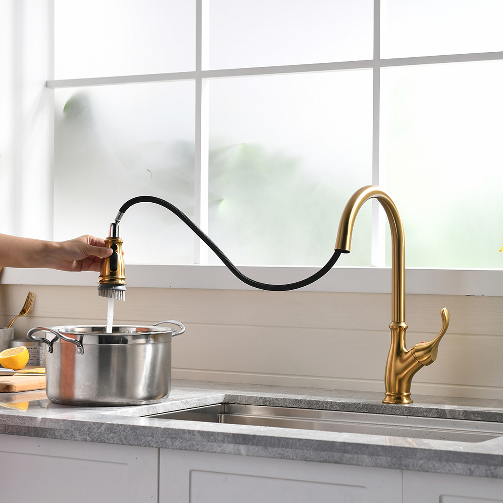 Gold Kitchen Faucet with Pull Out Sprayer Brushed Gold Single Handle 1 Hole High Arc Pull Out Kitchen Sink Faucets