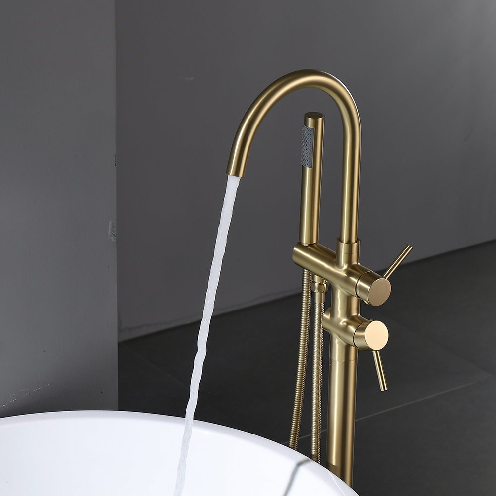 Single Handle Freestanding Tub Filler Floor Mount Bathtub Faucet with Handheld Shower (Brushed Gold)