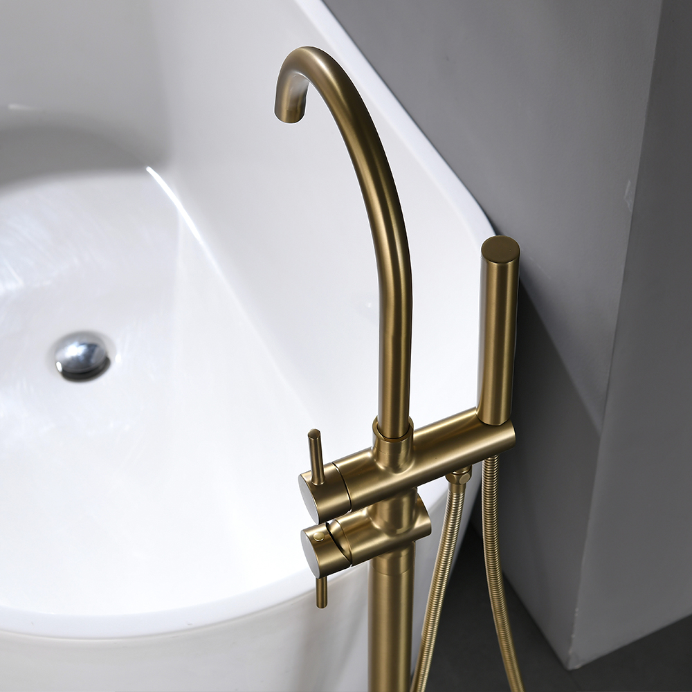 Single Handle Freestanding Tub Filler Floor Mount Bathtub Faucet with Handheld Shower (Brushed Gold)