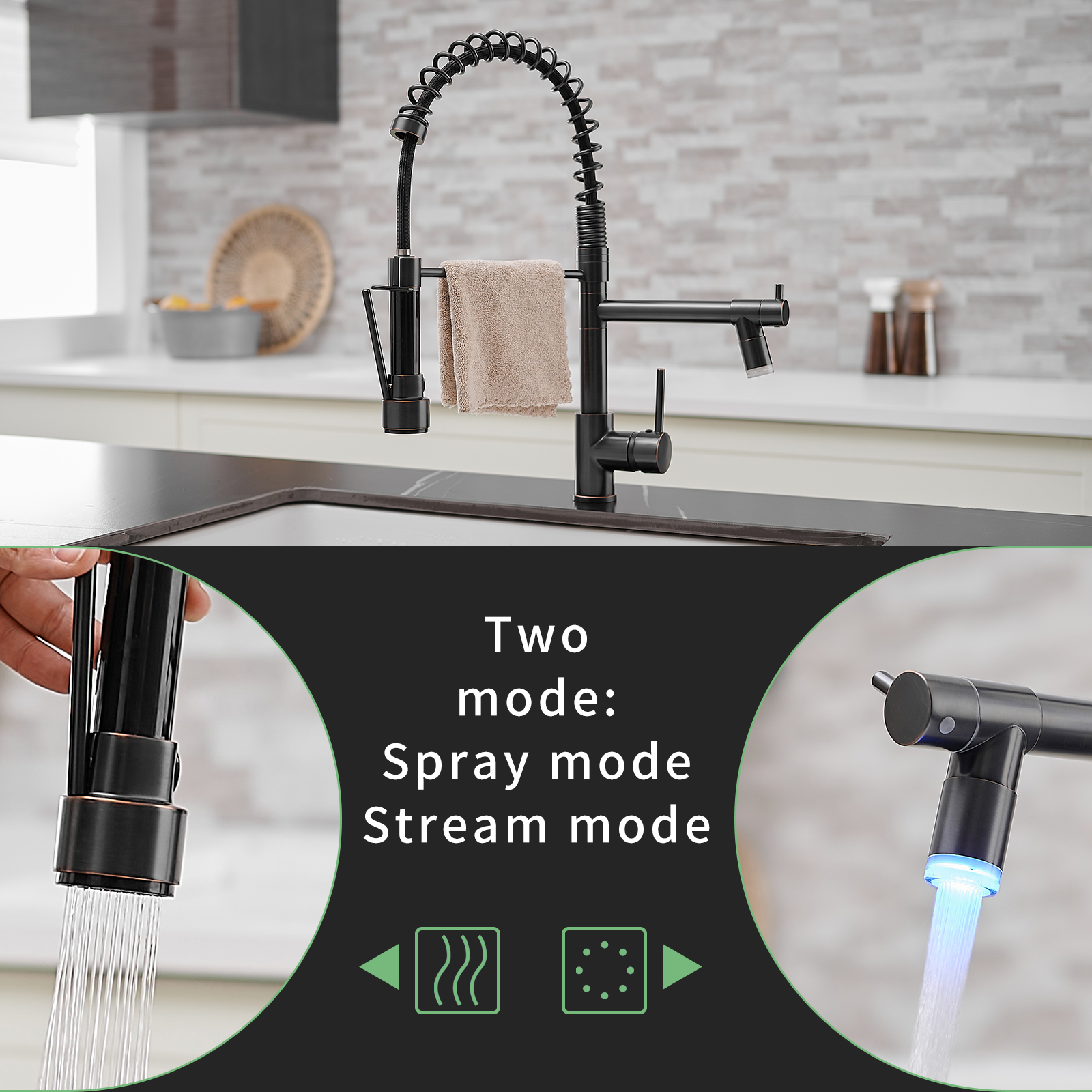 Commercial LED Kitchen Faucet with Pull Down Sprayer, Single Handle Single Lever Kitchen Sink Faucet