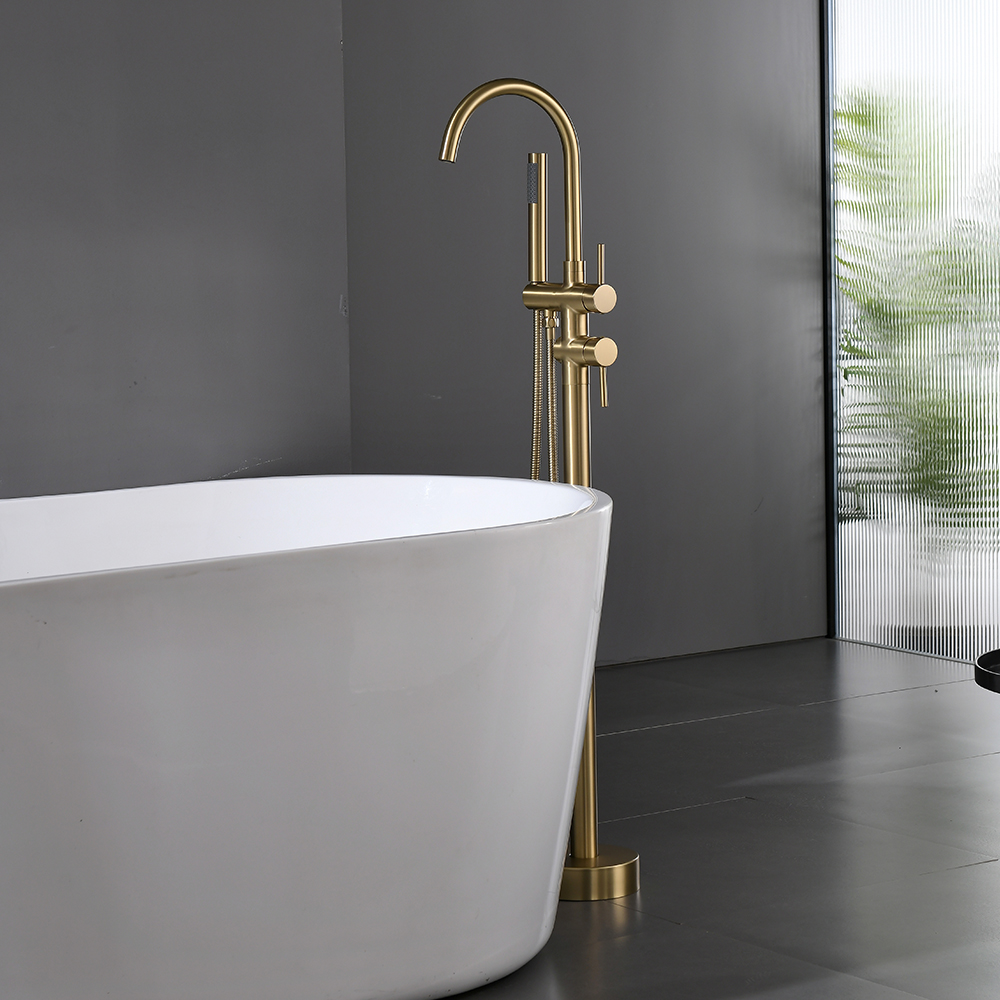 Single Handle Freestanding Tub Filler Floor Mount Bathtub Faucet with Handheld Shower (Brushed Gold)