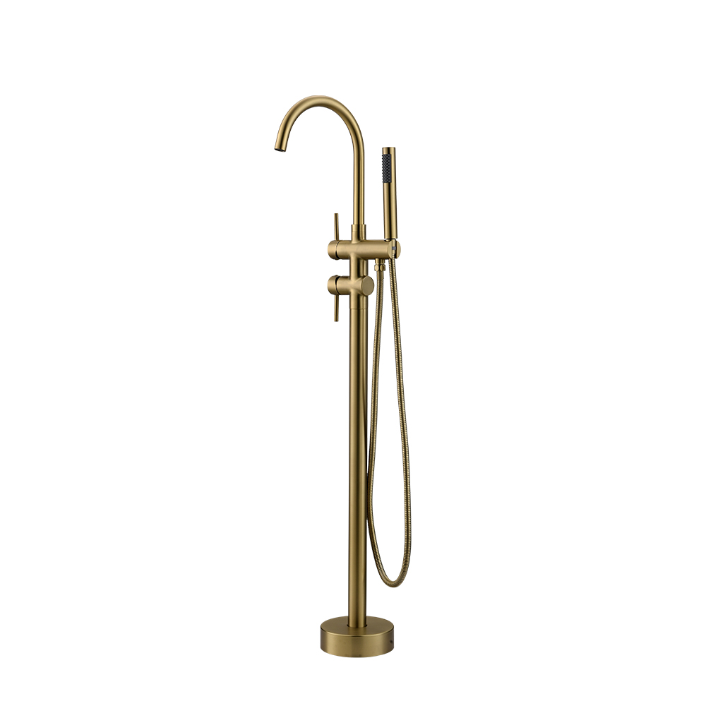 Single Handle Freestanding Tub Filler Floor Mount Bathtub Faucet with Handheld Shower (Brushed Gold)