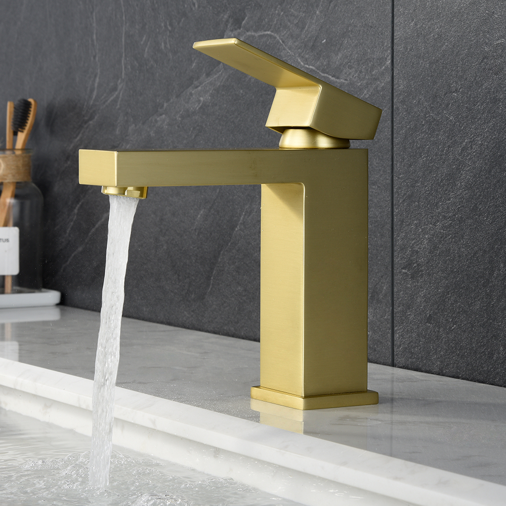 Gold Bathroom Faucet, Brushed Gold Faucet for Bathroom Sink, Gold Single Hole Bathroom Faucet Modern Single Handle Vanity Basin Faucet