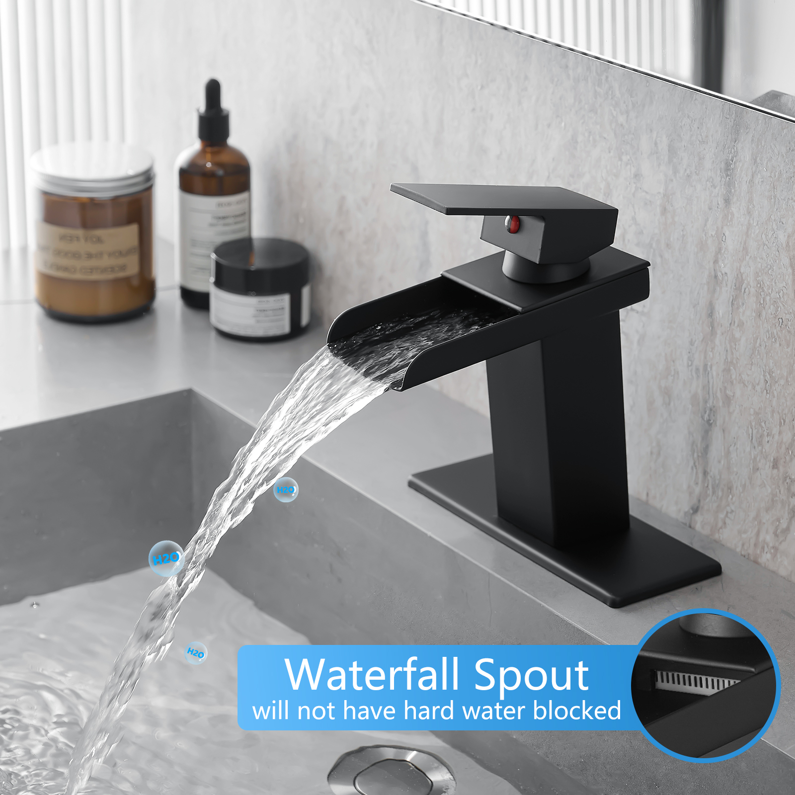 Sink Faucet With Deck Plate Waterfall Black Bathroom faucets for Sink 1 Hole or 3 Holes One Handle Faucets