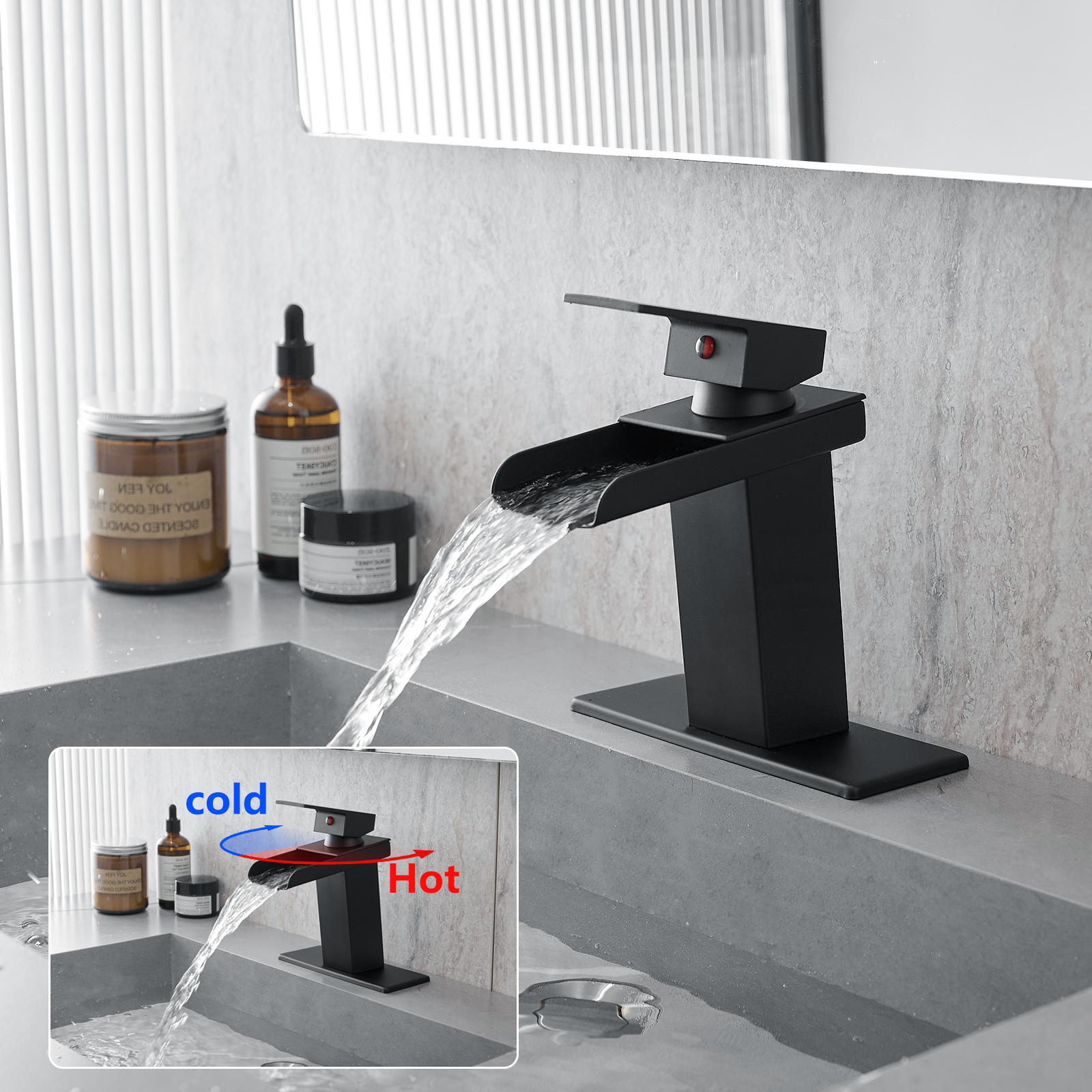 Sink Faucet With Deck Plate Waterfall Black Bathroom faucets for Sink 1 Hole or 3 Holes One Handle Faucets