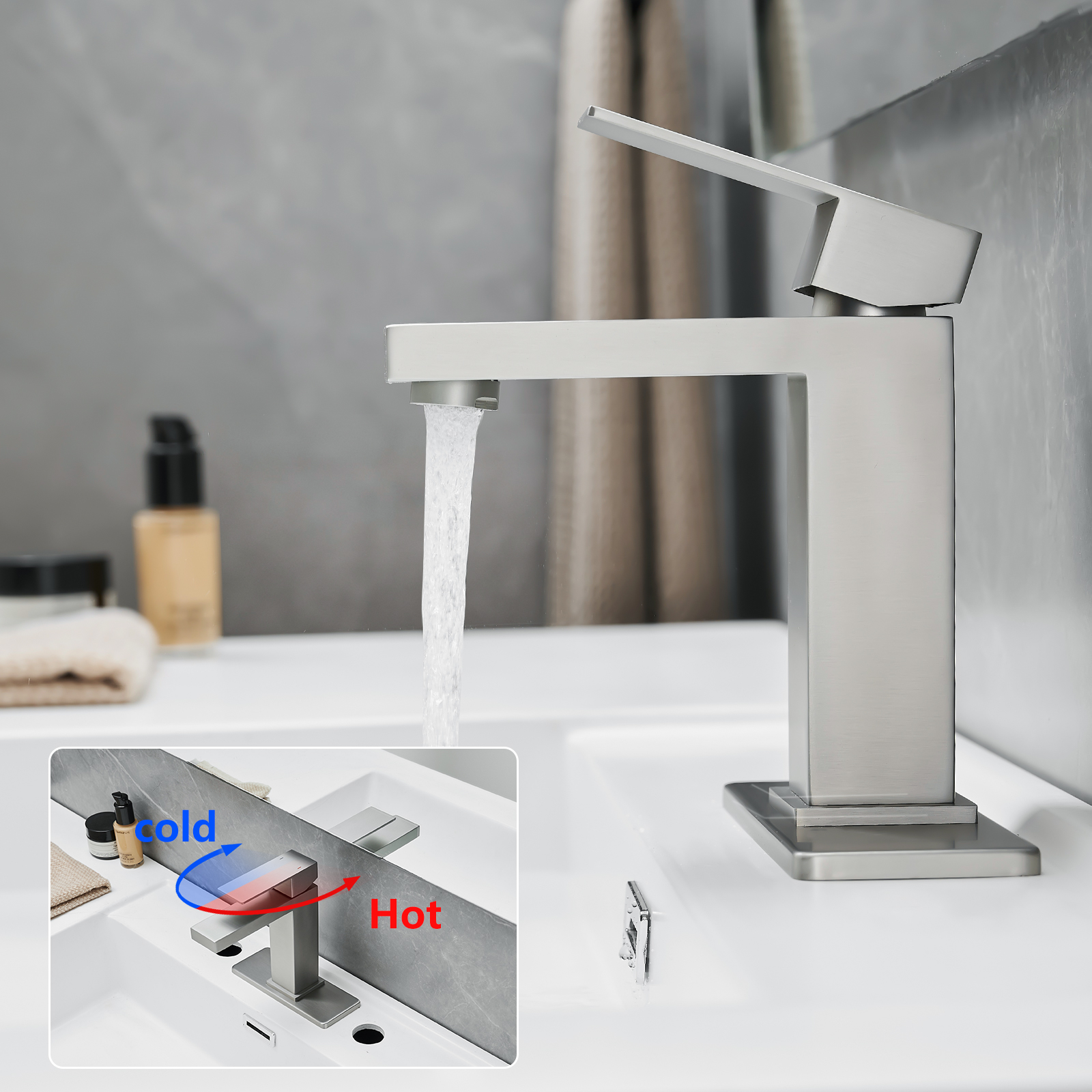 Sink Faucet With Deck Plate Waterfall Brushsed with Pop Up Drain and Supply Lines Bathroom faucets for Sink 1 Hole One Handle Faucets Vanity Bath Mixer Tap