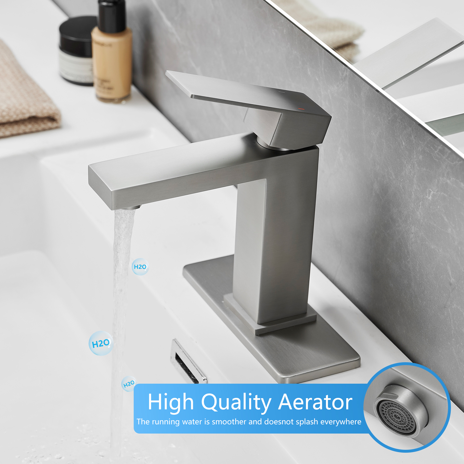 Sink Faucet With Deck Plate Waterfall Brushsed with Pop Up Drain and Supply Lines Bathroom faucets for Sink 1 Hole One Handle Faucets Vanity Bath Mixer Tap