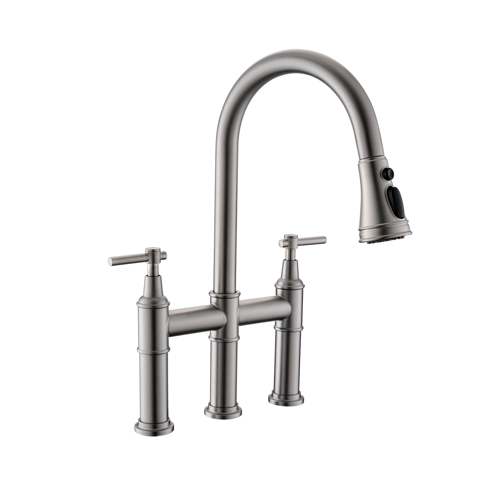 3 Hole Brushed Nickel Bridge Kitchen Faucet with Pull Down Sprayer,2 Handle Faucet for Kitchen Sinks Pull Out Sprayer Kitchen Sink Faucet