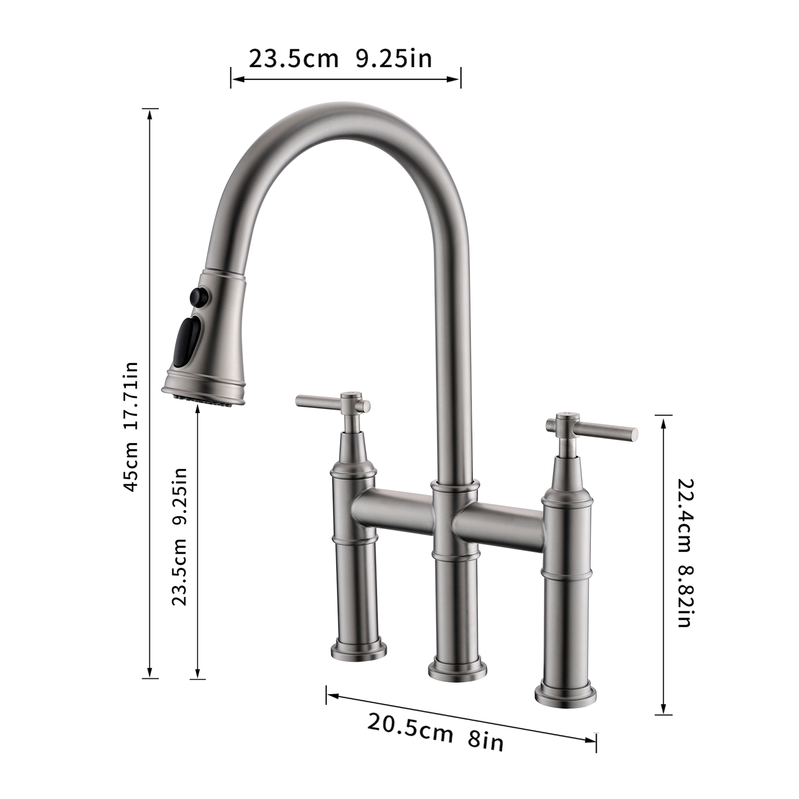 3 Hole Brushed Nickel Bridge Kitchen Faucet with Pull Down Sprayer,2 Handle Faucet for Kitchen Sinks Pull Out Sprayer Kitchen Sink Faucet