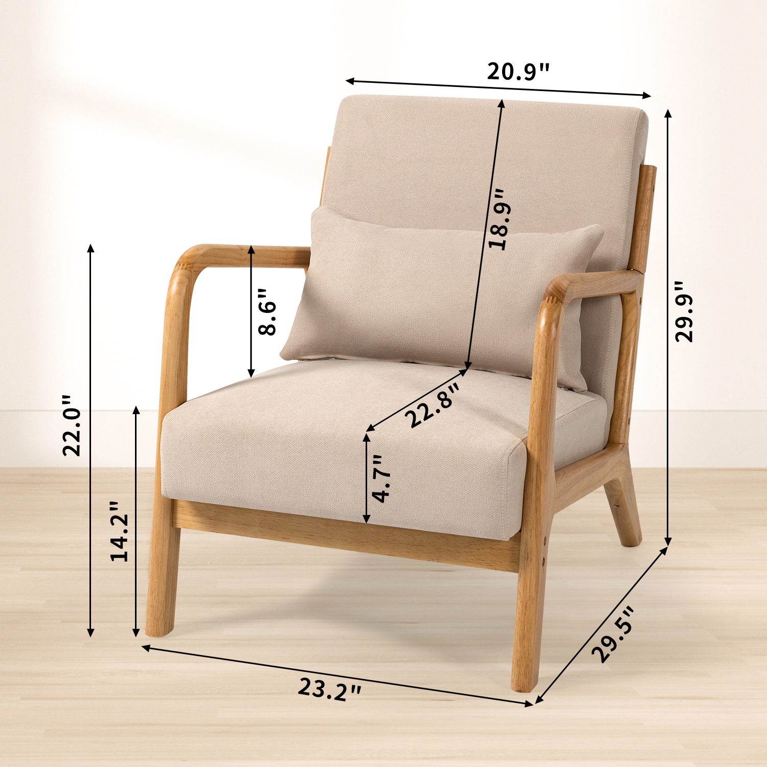 Leisure Chair with Solid Wood Armrest and Feet, Mid-Century Modern Accent Sofa,1 seat