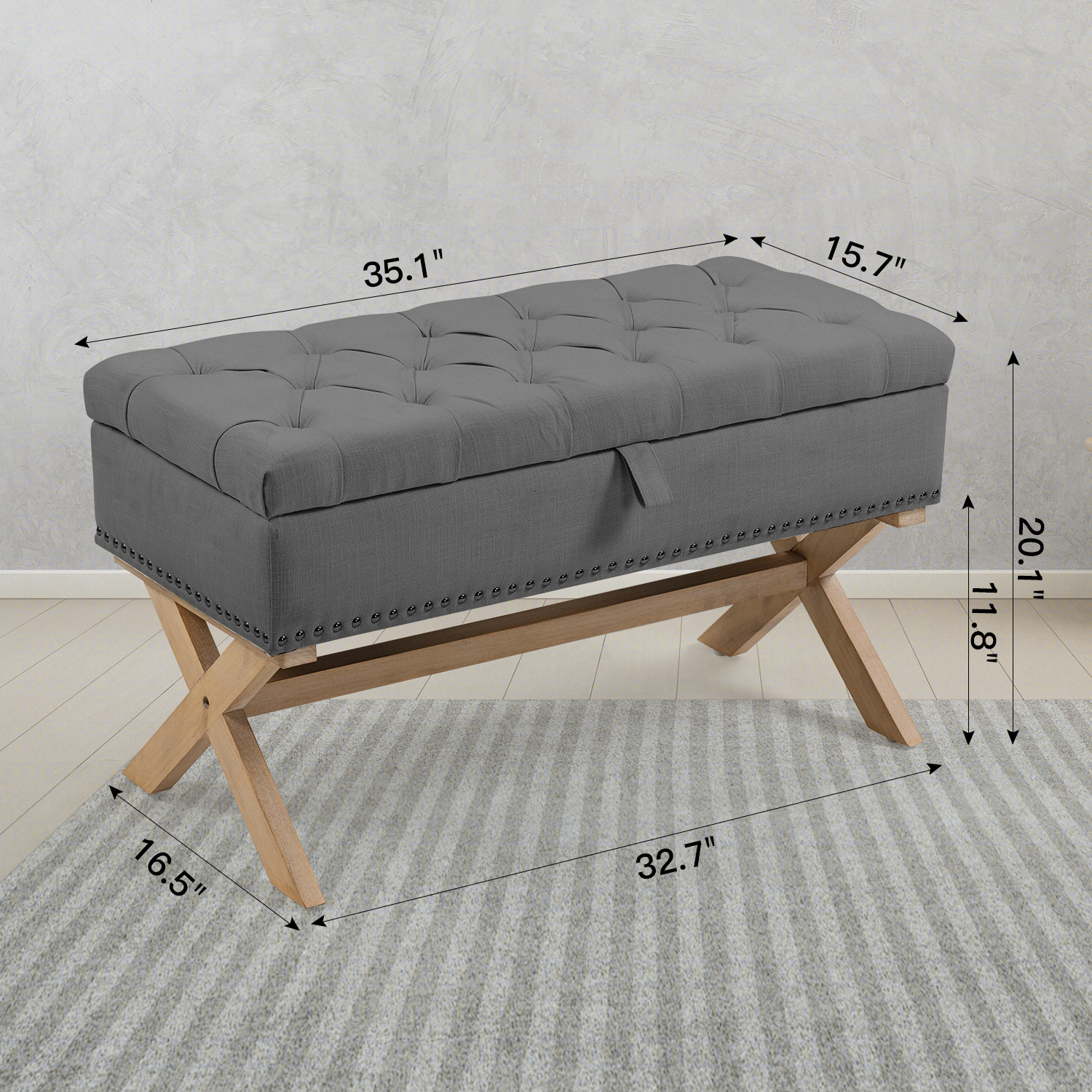 35 Inch Storage Ottoman, Button-Tufted Ottoman Linen Storage Bench, Ottoman with Storage